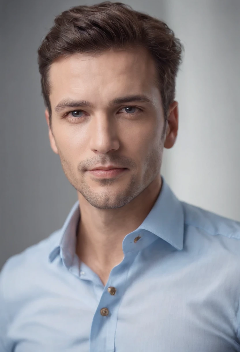 Portrait of handsome man 45 years old round face cinematic appearance、Cabelos castanhos escuros、terno e gravata、Light blue button-down shirt、sorriso gentil、fotografia, masculine perfection,  olhos castanhos, hyper realistic, 8K - V 4、Dandy Cavalheiro, de 45 anos、olhos gentis、cabelos grisalhos、looking in front of the camera、Smooth expression