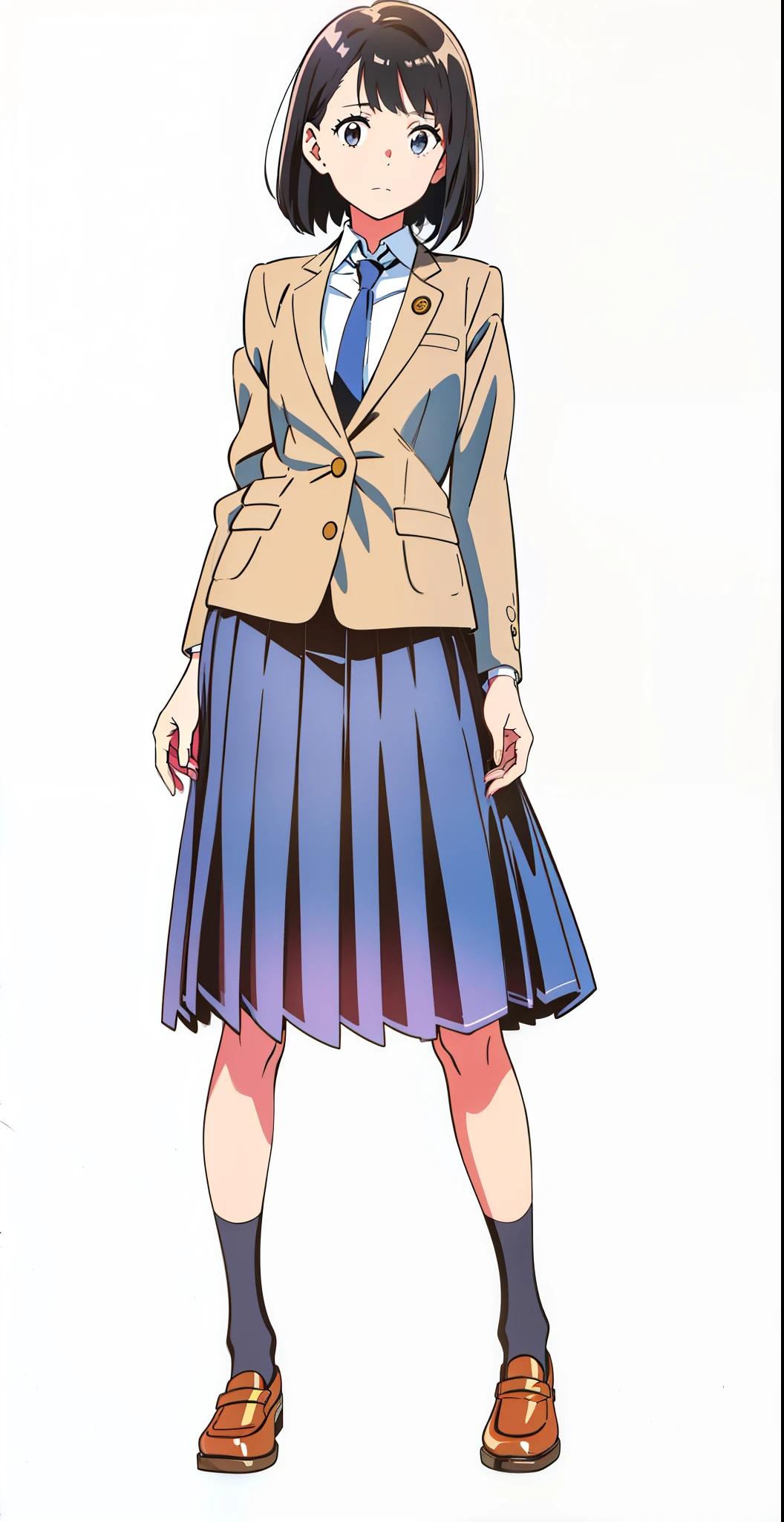 (tareme:1.0), (ideal ratio body proportions:1.0), (standing:1.0), (looking at viewer:1.0), (white background:1.0), (best quality:1.5), (masterpiece:1.0), (full body:1.0), (solo:1.0), (a 18yo cute girl:1.1), (long skirt:1.0), (dark blue skirt:1.0), (pleated skirt:1.0), (school uniform beige blazer:1.0), (dark blue necktie:1.0), (black socks:1.0), (loafers:1.0), (lanky:1.0), (tall:1.0), (slender:1.0), (small breasts:1.0), (detailed beautiful eyes:1.0), (detailed beautiful face:1.0), (glowing black eyes:1.0), (bob cut hair:1.0), (black hair:1.0)