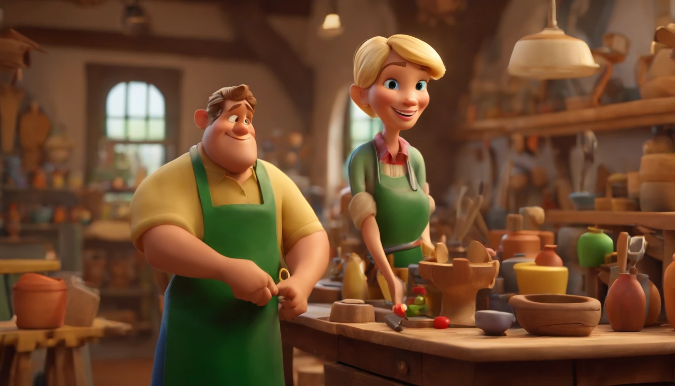 masterpiece, best quality, "create a Disney pixar cartoon style 3d image". Man, 30s, blonde, short hair, green eyes, smiling, fat, dressed in casual clothes and apron, in a craft workshop with carving tools on the walls, carving a colorful African sculpture