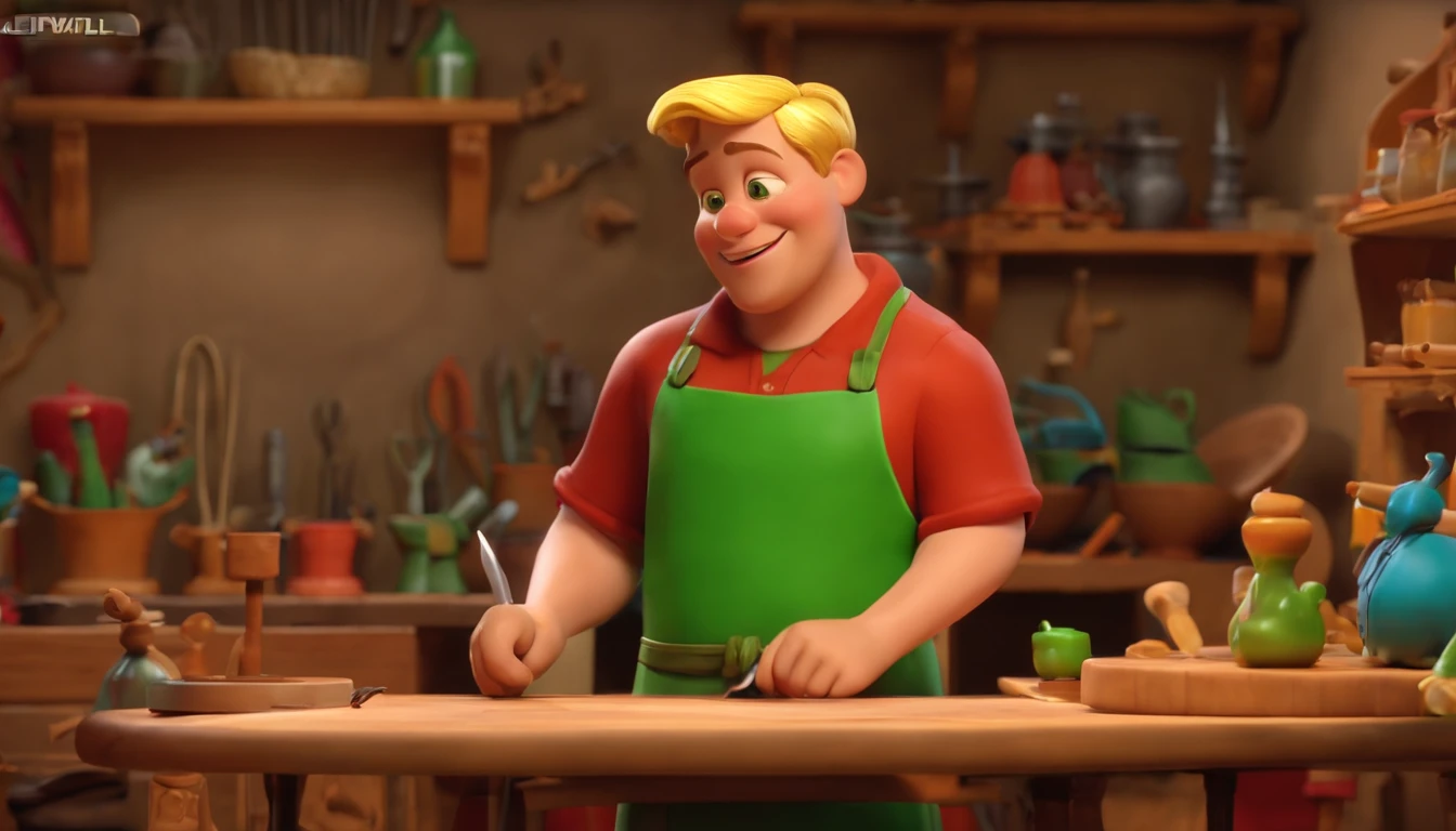 masterpiece, best quality, "create a Disney pixar cartoon style 3d image". Man, 30s, blonde, short hair, green eyes, smiling, fat, dressed in casual clothes and apron, in a craft workshop with carving tools on the walls, carving a colorful African sculpture