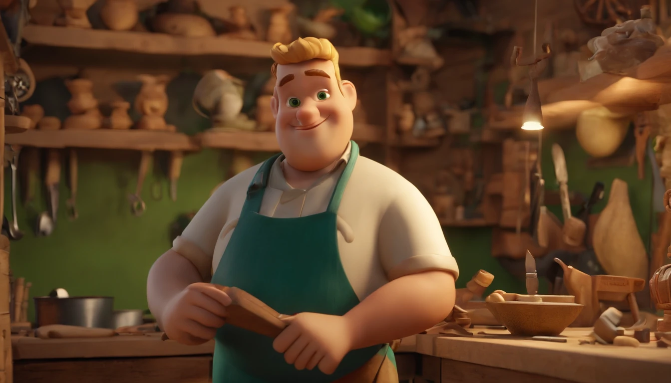 masterpiece, best quality, "create a Disney pixar cartoon style 3d image". Man, 30s, blonde, short hair, green eyes, smiling, fat, dressed in casual clothes and apron, in a craft workshop with carving tools on the walls, carving a colorful African sculpture