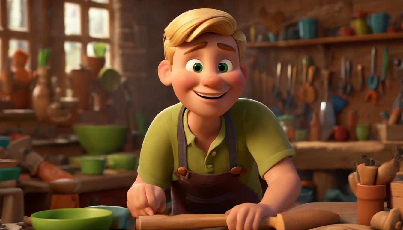 masterpiece, best quality, "create a Disney pixar cartoon style 3d image". Man, 30s, blonde, short hair, green eyes, smiling, fat, dressed in casual clothes and apron, in a craft workshop with carving tools on the walls, carving a colorful African sculpture