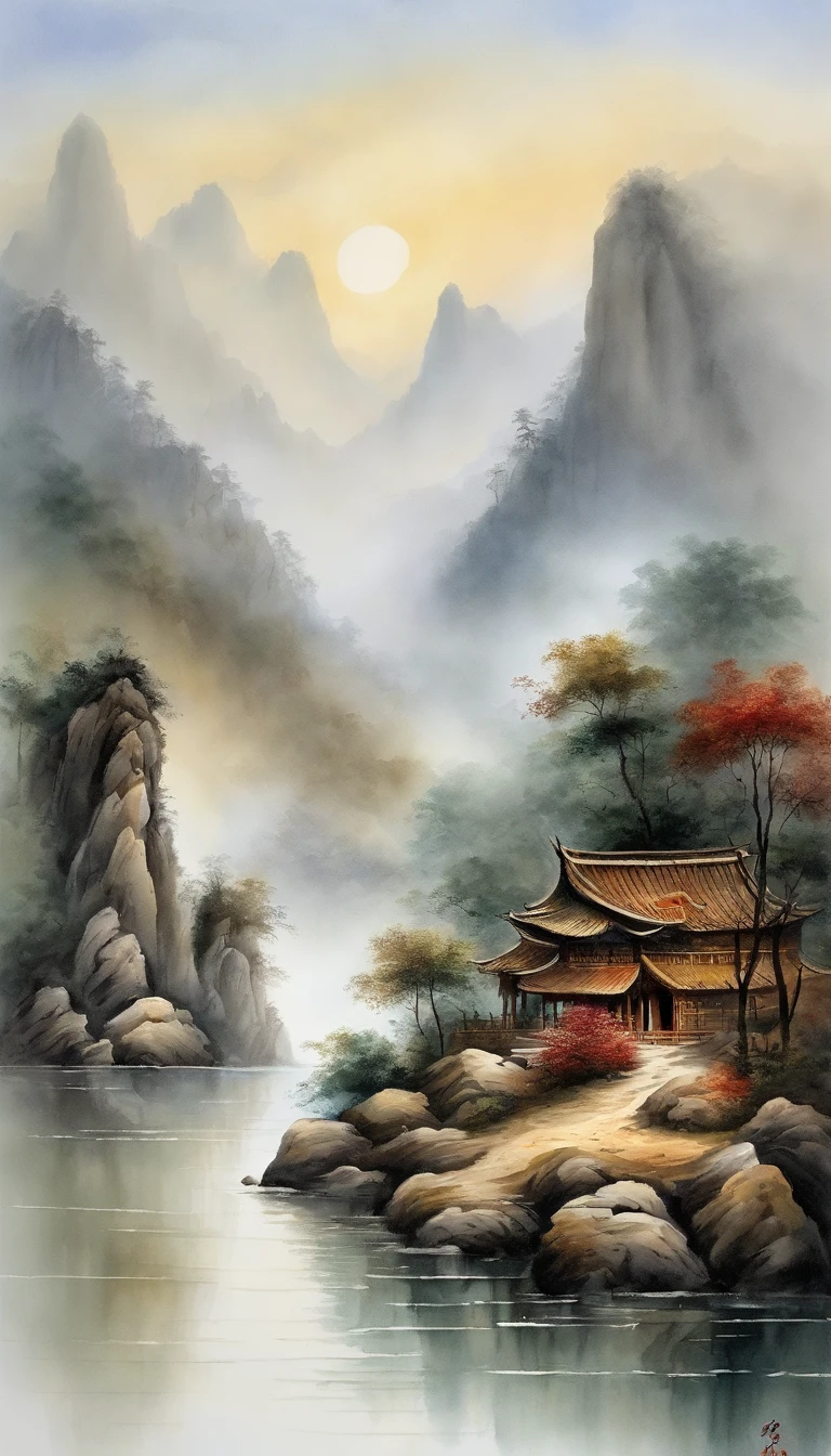 Chinese landscape painting，ink and watercolor painting，water ink，ink，Smudge，Faraway view，Ultra-wide viewing angle，Meticulous，Light boat in the distance，Faraway view，Meticulous，Smudge，Fog，misterious，low-saturation，Low contrast，The light boat has crossed the Ten Thousand Heavy Mountains，Beautifully depicted，A detailed，acurate，Works of masters，tmasterpiece