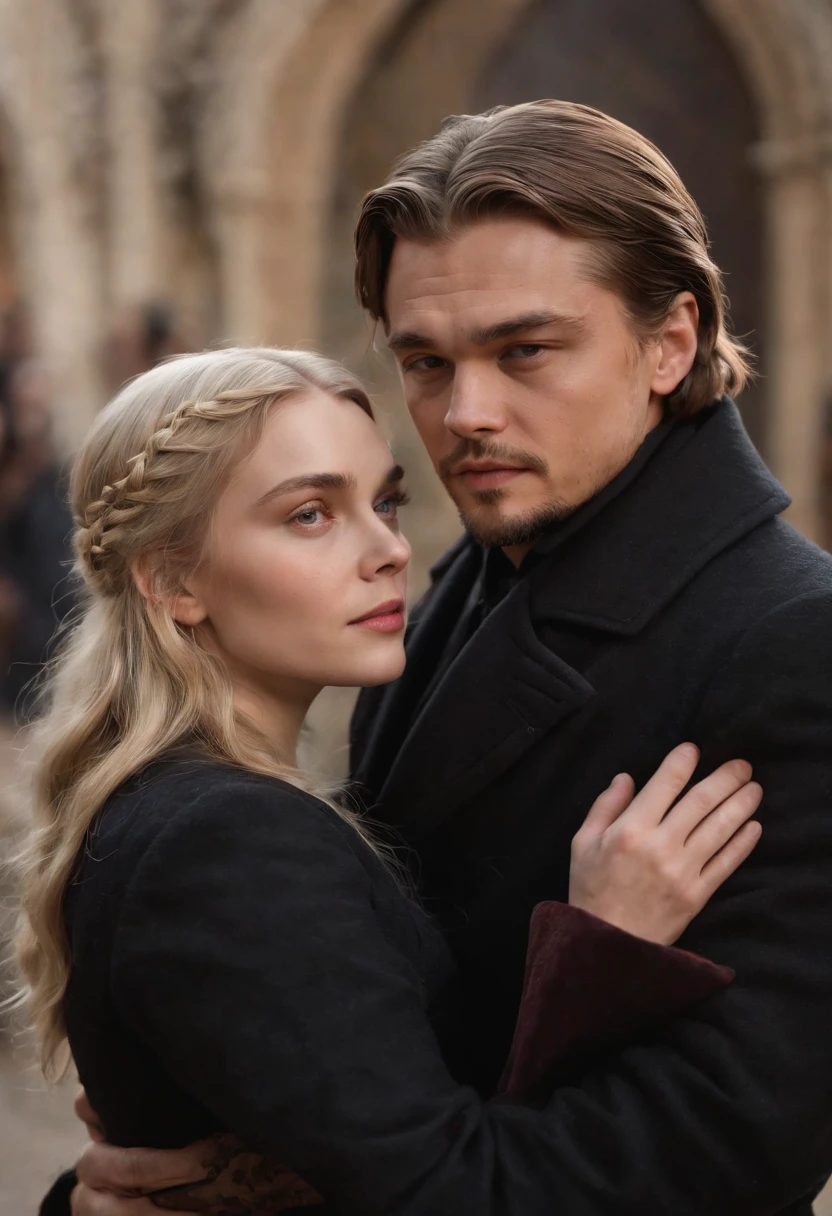 it’s a couple, a Leonardo DiCaprio, with natural platinum hair, dressing a black overcoat, and 20 years old Elizabeth Olsen, with natural Withe hair, candlelight in a medieval setting, ultra sharp focus, realistic shot, medieval clothes, tetradic colors