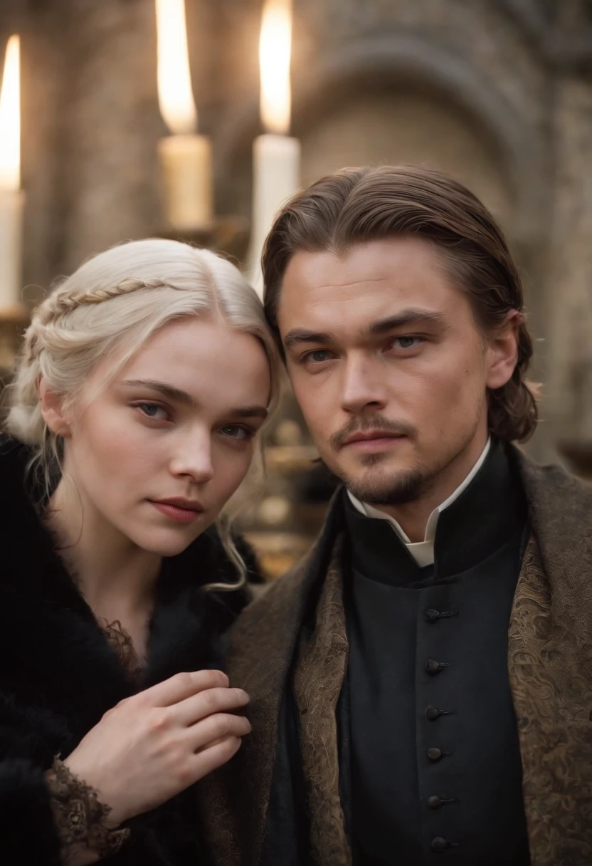 it’s a couple, a Leonardo DiCaprio, with natural platinum hair, dressing a black overcoat, and 20 years old Elizabeth Olsen, with natural Withe hair, candlelight in a medieval setting, ultra sharp focus, realistic shot, medieval clothes, tetradic colors
