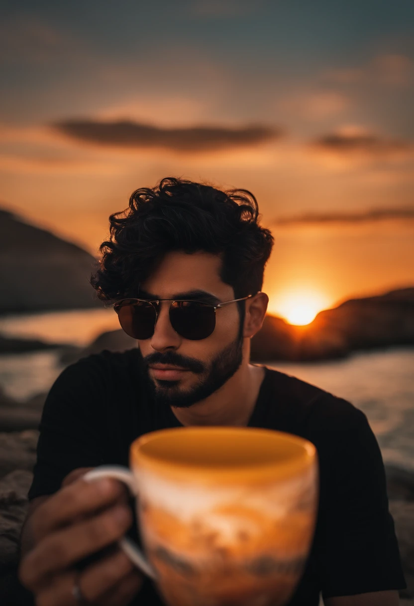 A 32-year-old young man with short black hair wearing black t-shirt and sunglasses, com barba preta e curta. With a sunset in the background and drinking a mug of disney coffee.