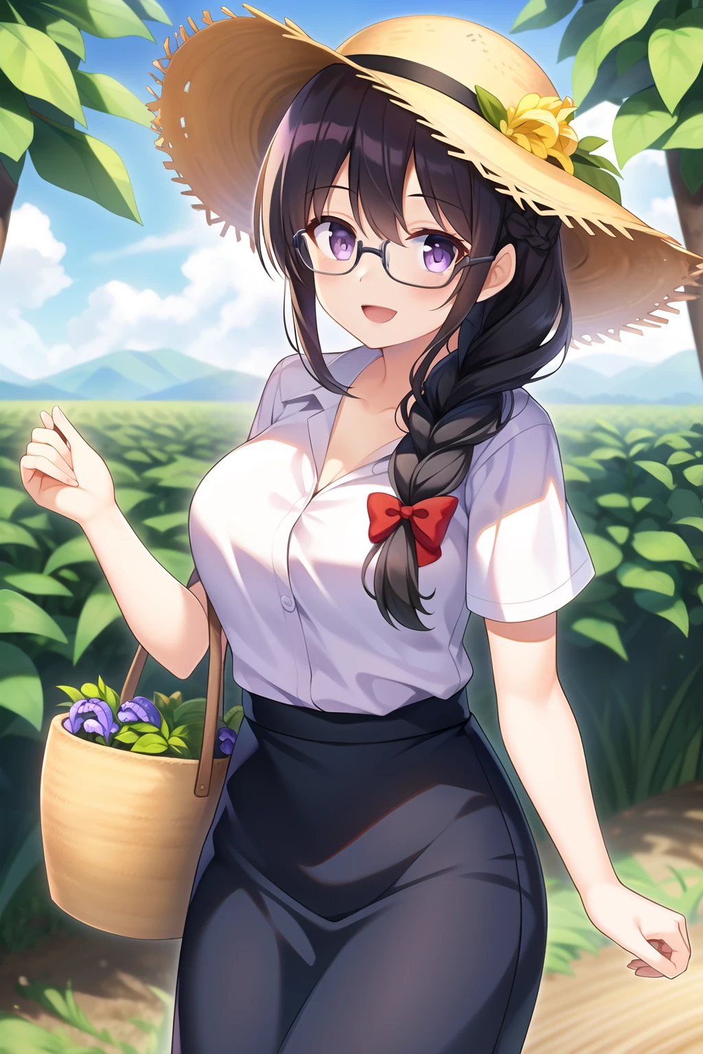 (tea plantation), (harvest), (1girl), (solo), (black hair:1.1), (braid), (glasses), (purple eyes), (:d), (Intricate Iris Details), (straw hat), (Work clothes), (cowboy shot)