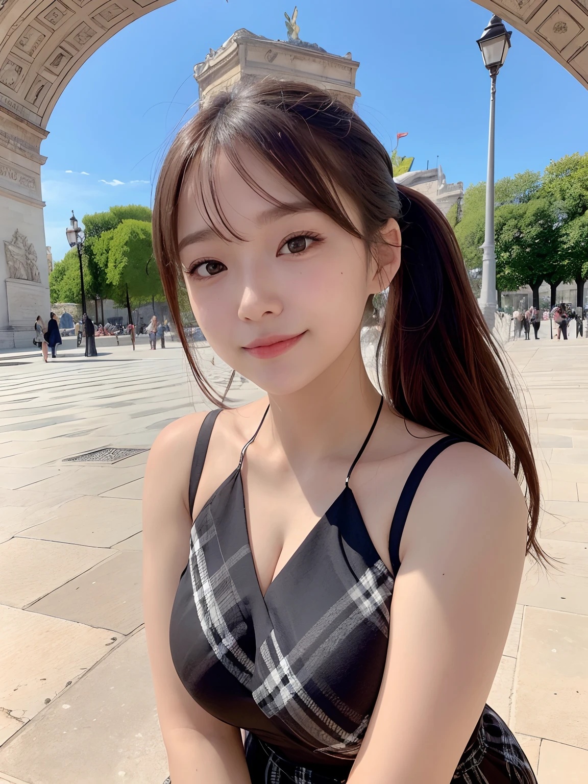 She looks about .,huge-breasted,Chest,Brown Hair Ponytail,baby-face,He 150cst Quality,Anatomically correct,Cinematic lighting,textured white skin,masutepiece,Realistic, Ultra-detailed,Brown eyes, dynamic light and shadow, High resolution, japanes,Realistic pupils,Twinkle Eyes,masutepiece,Best Quality, (Right under the Arc de Triomphe in Paris,Black and white plaid dress),Beautiful smile