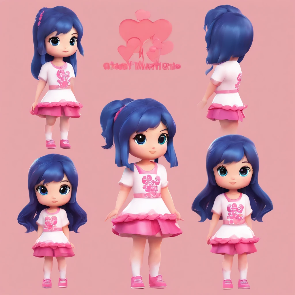 Kawaii, chibi, watercolor vector illustration of a girl with black hair, blue eyes Brazilian nationality in pink outfit