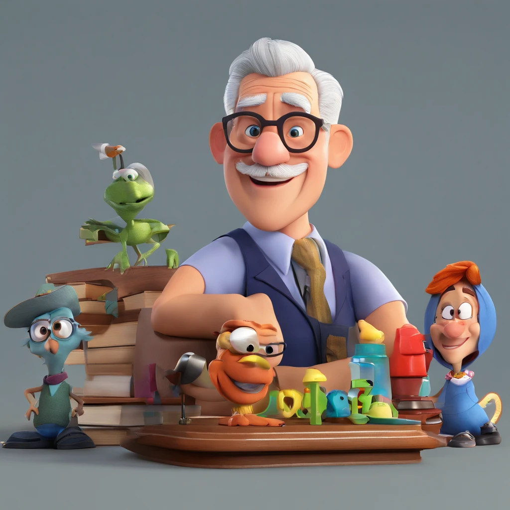 Create a Disney Pixar-inspired poster with the character being Professor Fernando Feijó A gray-haired man , em uma sala de aula, Looking forward and serious