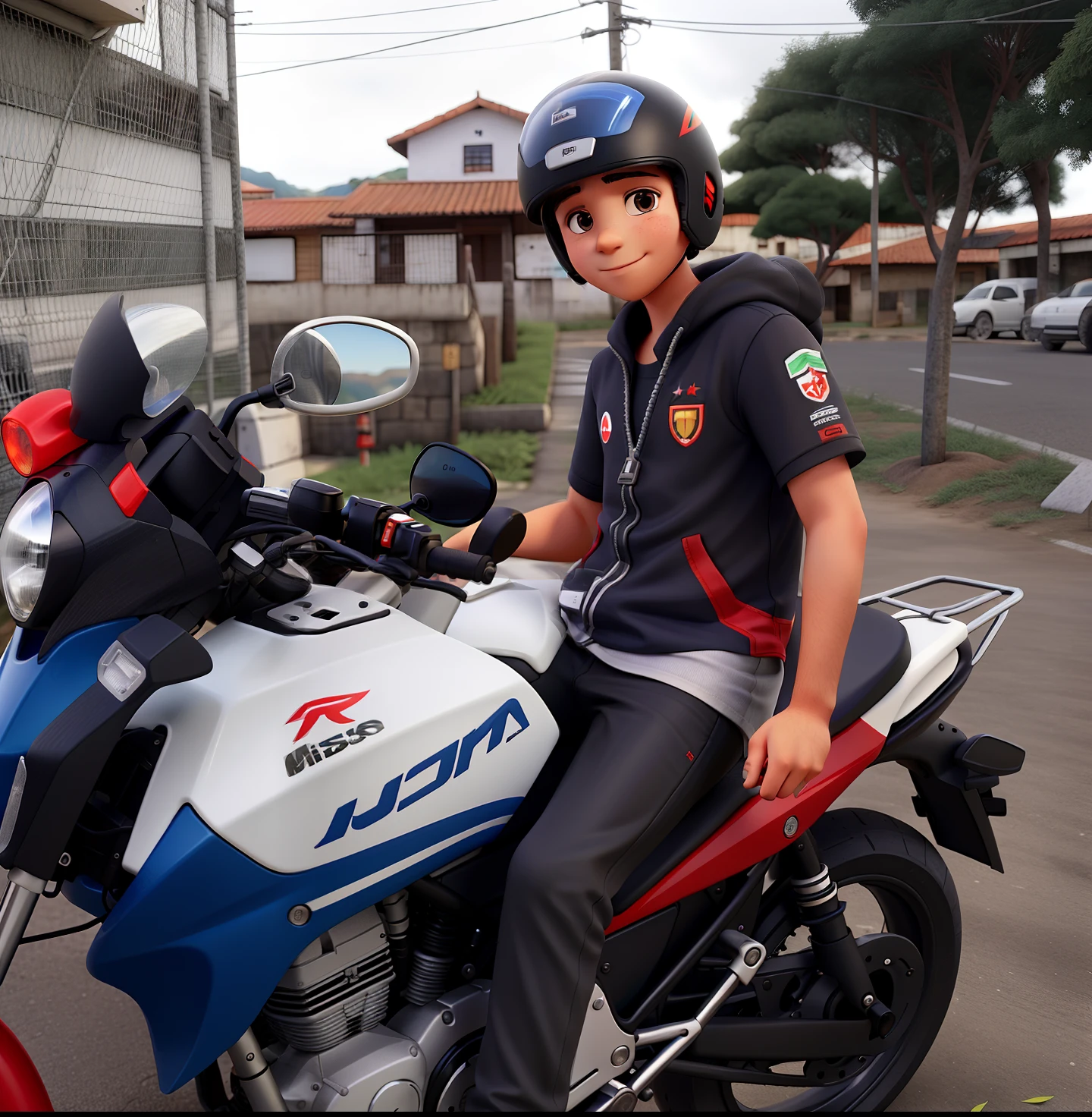 Um menino branco ,em cima de uma moto, vestido uma camisa vermelha com preta