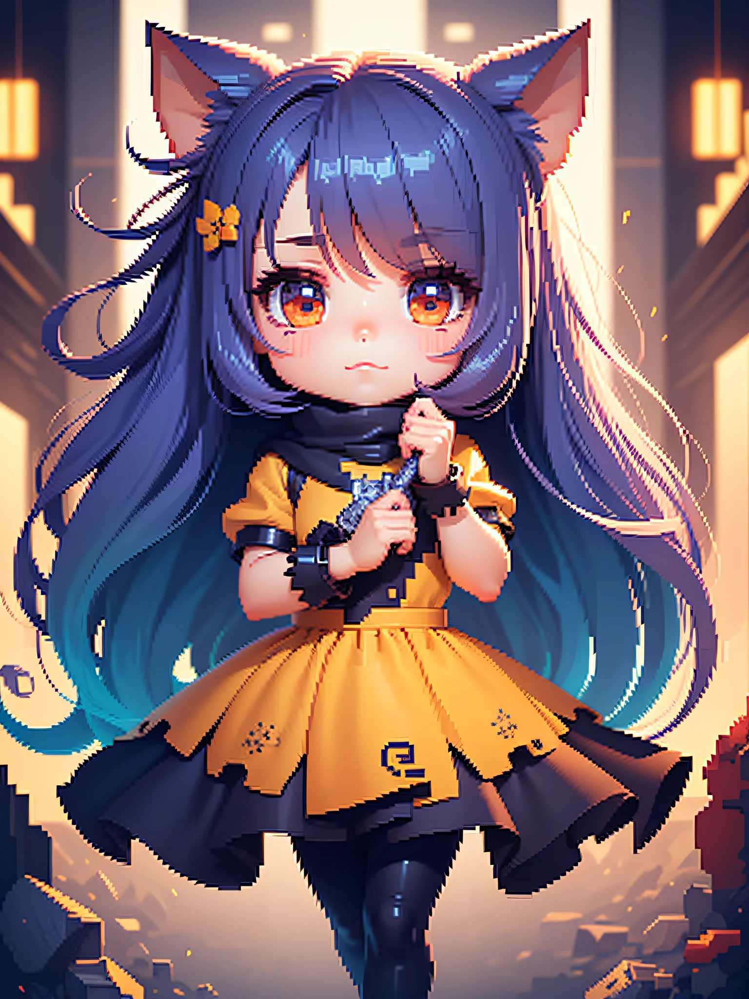 (masterpiece), (best quality),(ultra-detailed), 1girl, full body, chibi, cute, nekoyo chloe, ninja, thighhighs, bighead, hair over one eye, solo, tail, cat ears, mask, multicolored hair, sandals, cat tail, black hair, large breasts, dark skin, bare shoulders, mouth mask, ((mask)), standing, ponytail, animal ears, white background, long hair, 1girl, cat girl, fishnets, blonde, scarf, hair, outdoors, moon, night,  (beautiful detailed face), (beautiful detailed eyes),  <lora:blindbox:1>   <lora:Chloe:0.7>