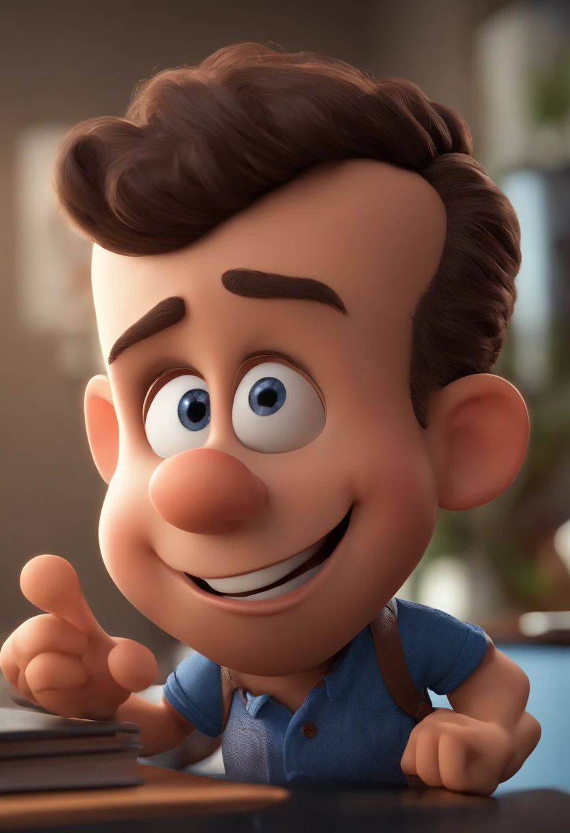 Personagem de desenho animado de um jovem homem, com uma camisa preta, on an office desk, um personagem animado, Caractere estilizado, animation style rendering, 3D estilizado, Arnold Maya render, 3 d render stylized, toon render keyshot, Personagem 3D, Personagem 3D, 3d rendering stylized, 3 d character render, personagem de desenho animado, Personagem de close up, Pose de personagem, (Estilo Pixar) (master part:1.2) (Bokeh) (best quality) (pele detalhada) (textura detalhada) (8k) (argila) (Cinematic lighting) (foco nítido,Senta e vaza a parte superior do corpo