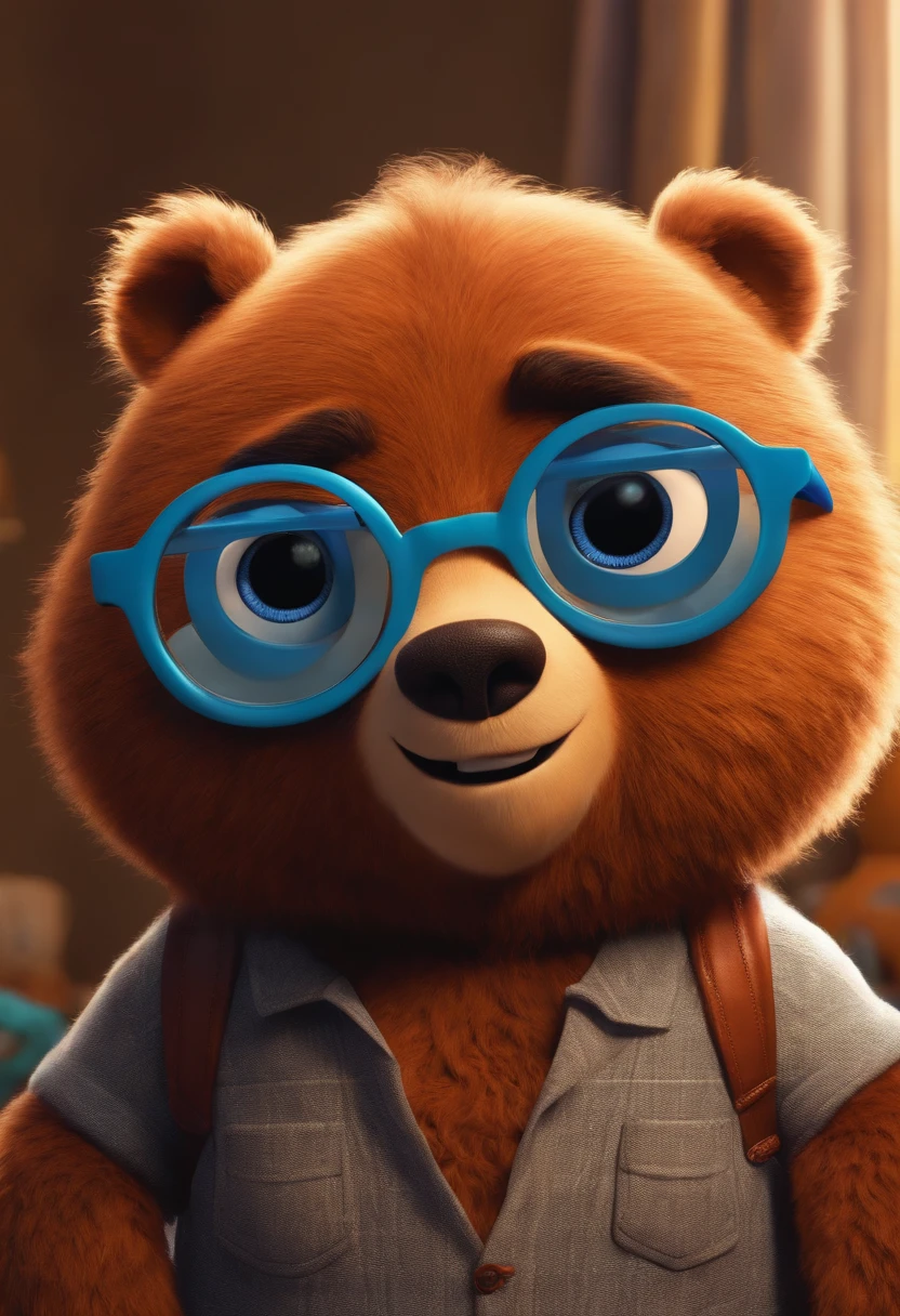 Menino estilo desenho animado, Pixar, wearing round glasses, segurando um urso de pelucia, roupa de escoteiro,