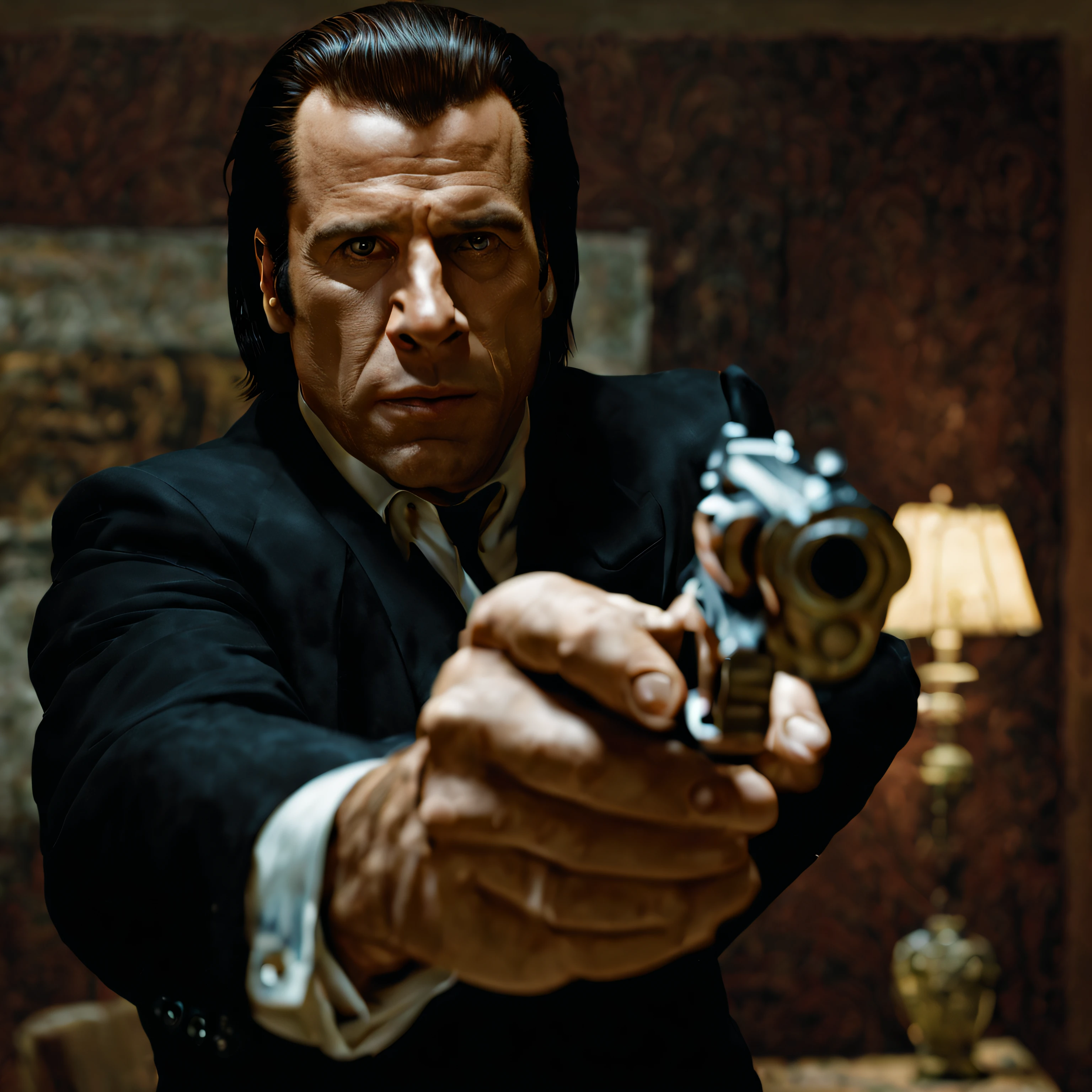 gunatyou, john travolta, as vincent vega from pulp fiction, black suit, ponytail, masterpiece, high resolution, octance 4k, high detail, pistol