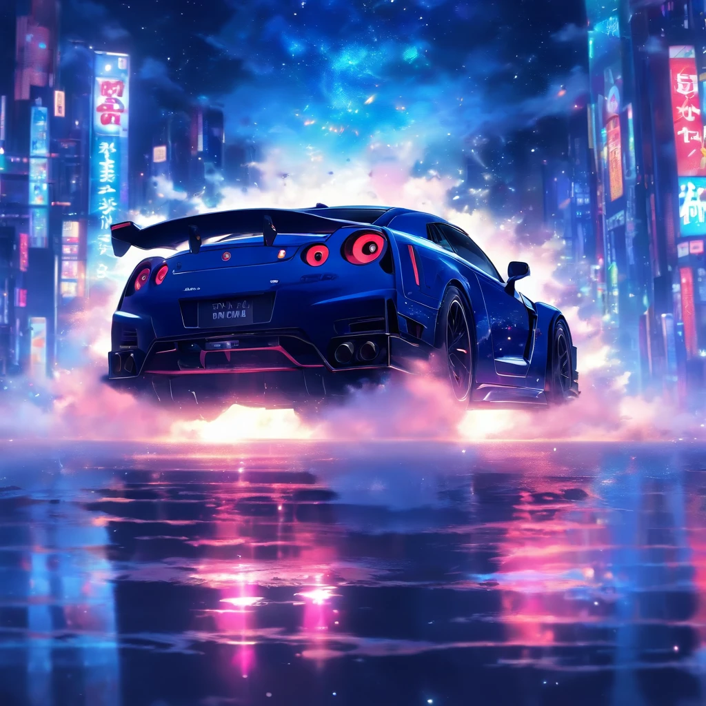 Cool car runs in the center city fog starry sky beautiful Japan supercar Skyline GTR