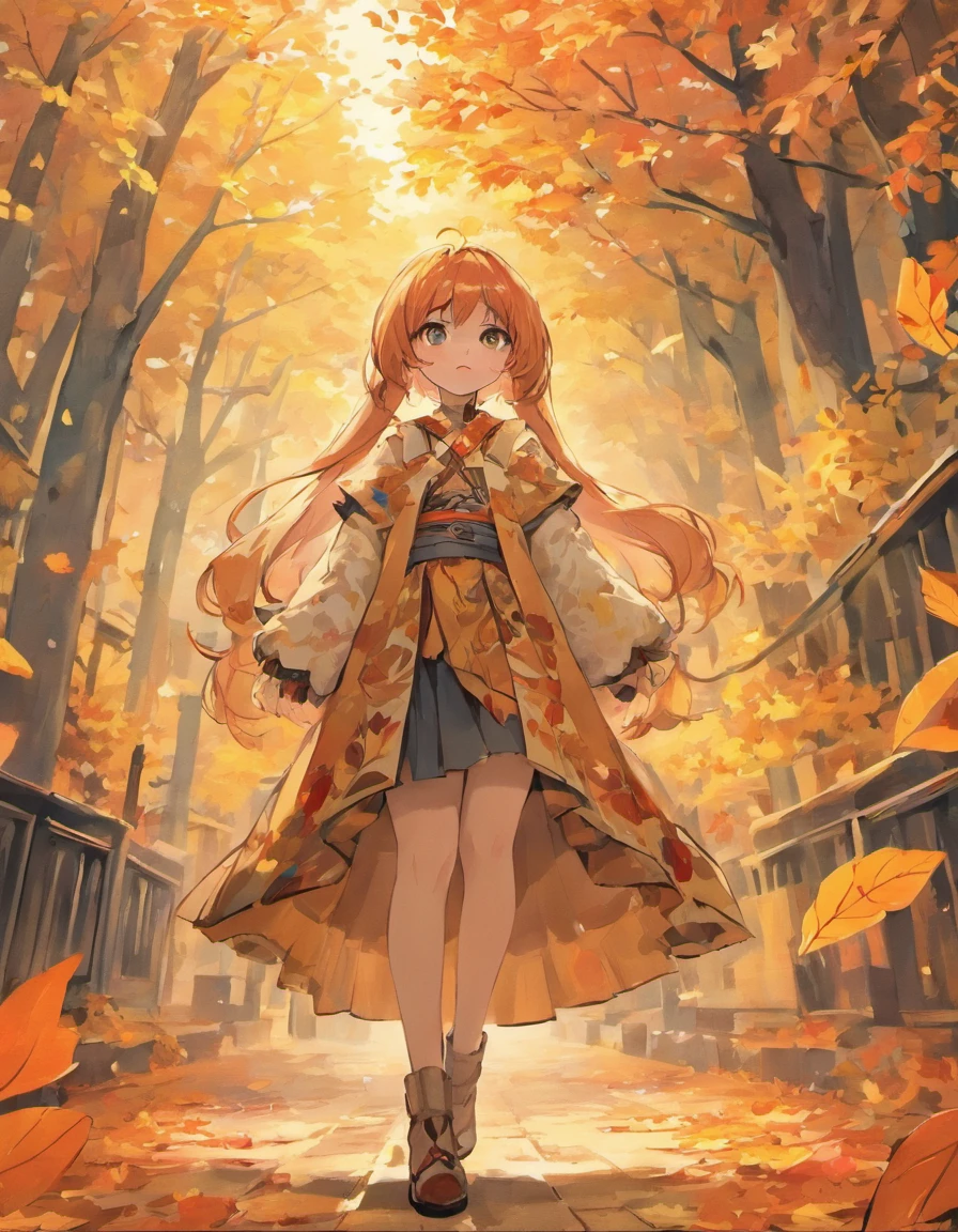 Costume planning theme autumn and winter leaves,Style: The ancient style of the city is simple, Old money style, Reference brand TEME 2023. Moya Seoul 2023 colors: Peach,Turquoise eyes, Yellow powder detail: Natural light,A two-dimensional girl with long hair fluttering,There are fallen leaves,Horse face skirt , Cotton, Silk, A long skirt with the pattern, Full body front design