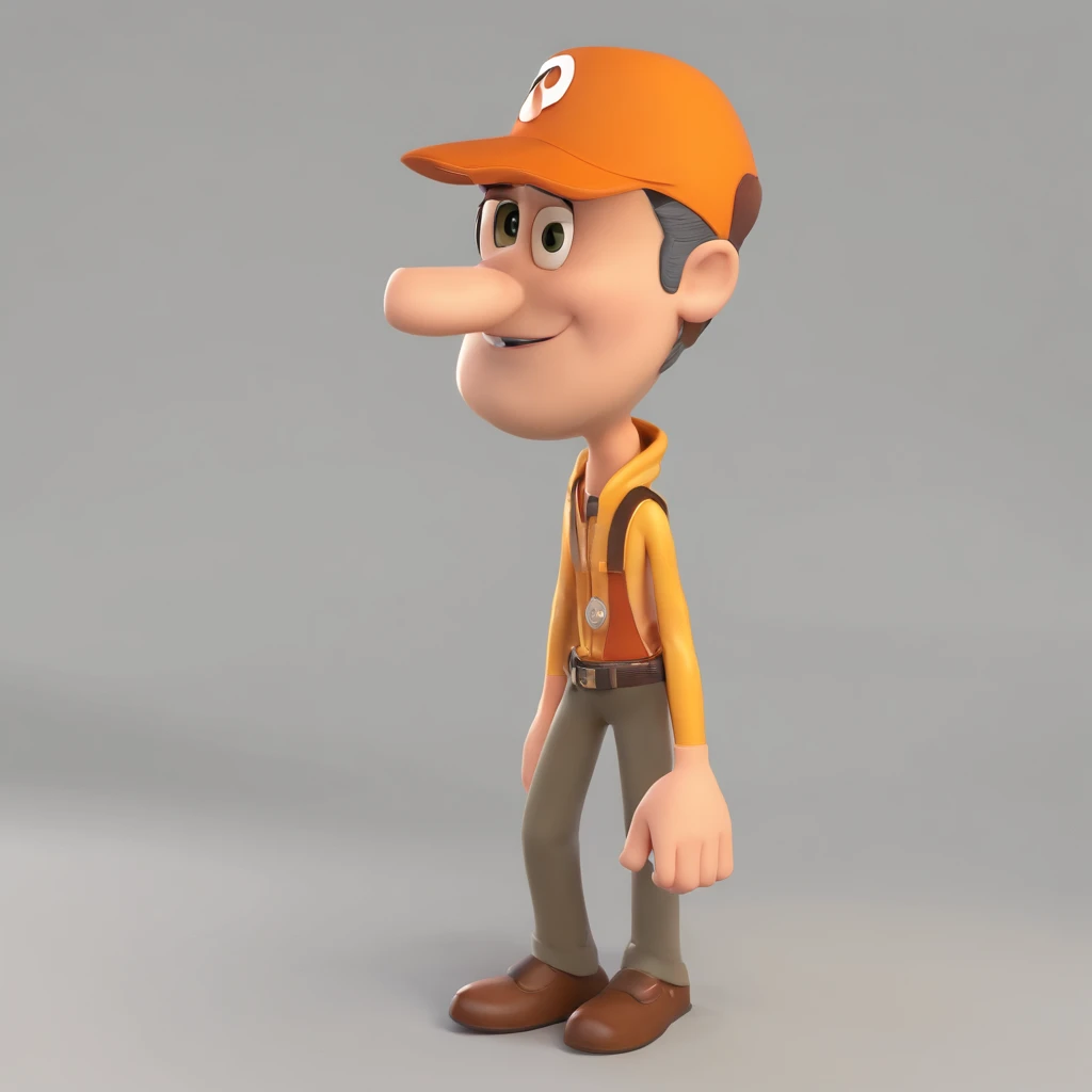 Criar um personagem no estilo Pixar. Trata-se de um homem de 40 anos, Branco, calvo, com cabelos castanhos curtos e costeletas, e olhos preto. Ele deve estar na rua com um cone laranja e listas cinzas claro
