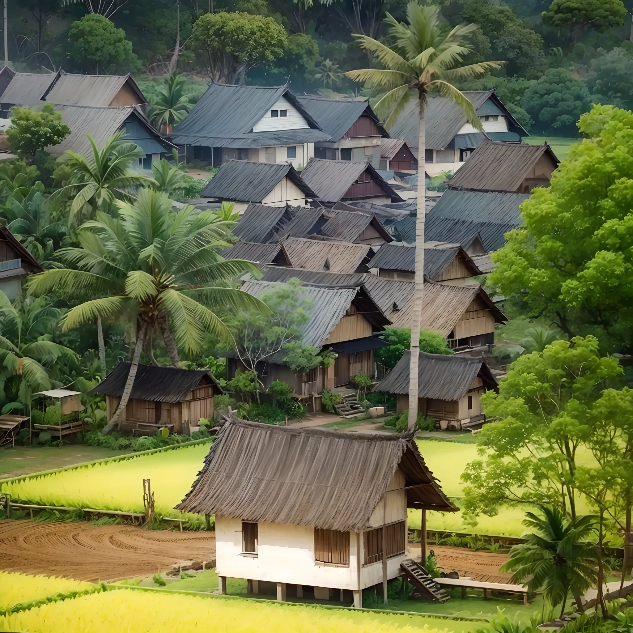 3d cartoon background animation of this scene,Disney Pixar animation style,many tradisional home, cartoon rice field,cartoon coconut tree