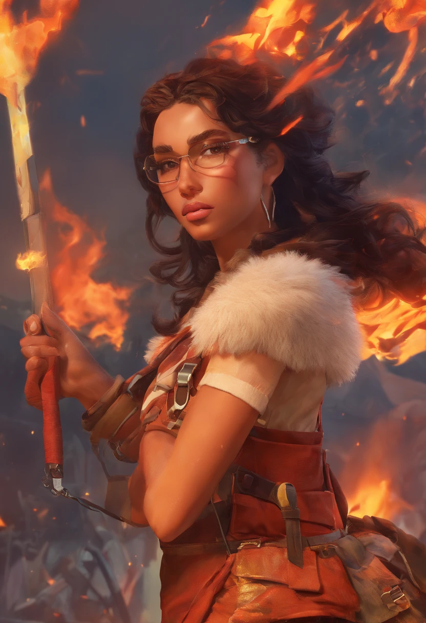 Um retrato em close-up de um bonito (Pessoa SKS),Post-apocalyptic winged firefighter, intrincado, elegante, altamente detalhado, pintura digital, art-station, arte conceitual, liso, foco nítido, illustration, arte de Krenz Cushart e Artem Demura e alphonse mucha, ((Fire in the hands))