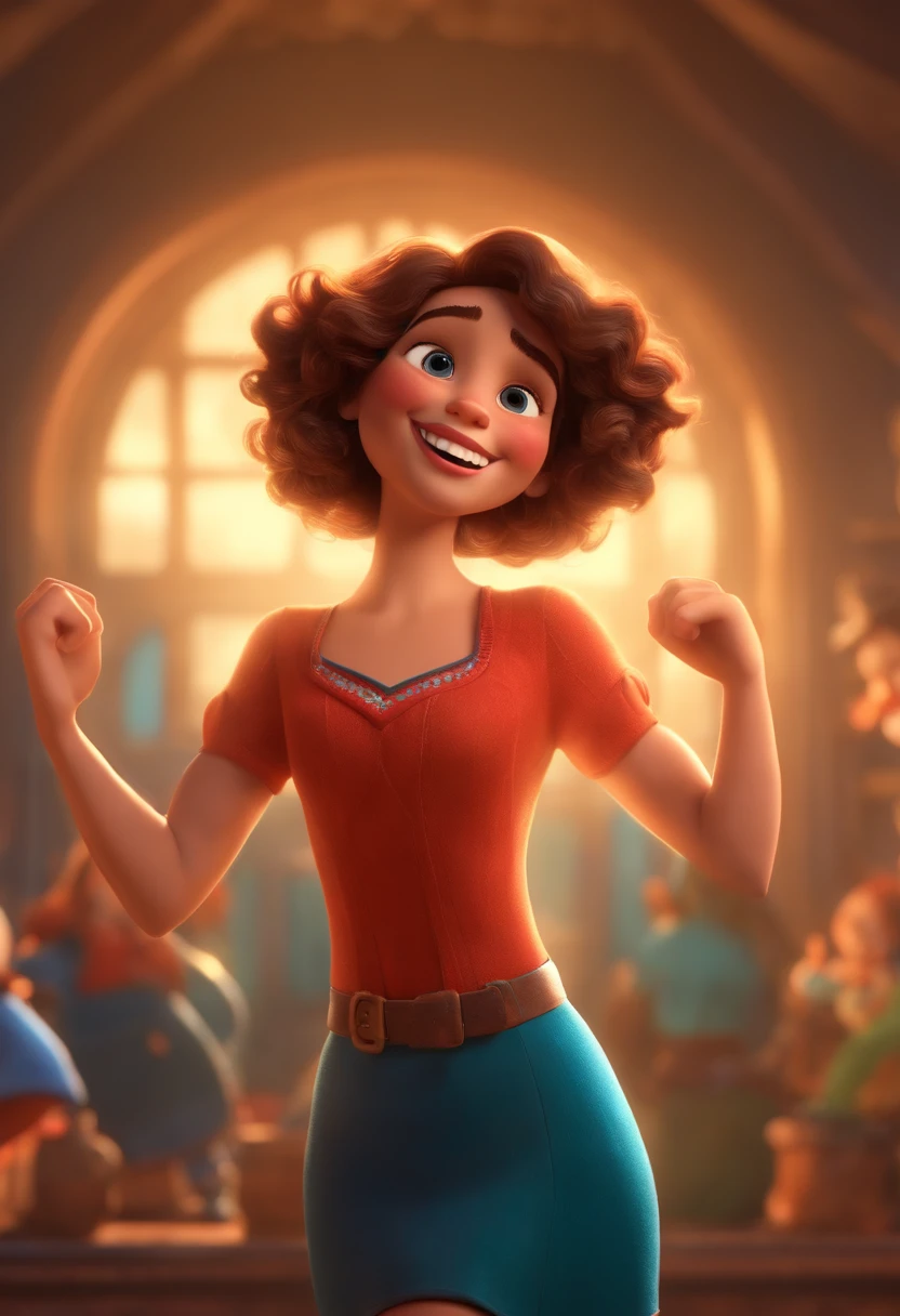 Pixar style image with 3D character brunette woman medium curly hair dancing, Maquiagem Disney,Pescador, bonitinho, sorridente ,Close-up, Pixar, Disney, Cinema lighting,