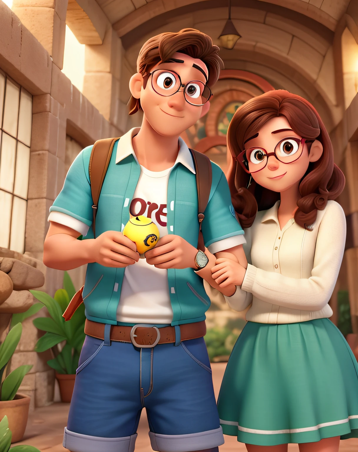 Crie uma imagem de um casal apaixonado, no bondinho, ao fundo a capela Aparecida do Norte. Ela loira, medium hair, perto dos ombros, sorriso encantador, ele loiro mais escuro, medium hair, oculos de sol, cavanhaque. Crie os personagens no estilo pixar.
