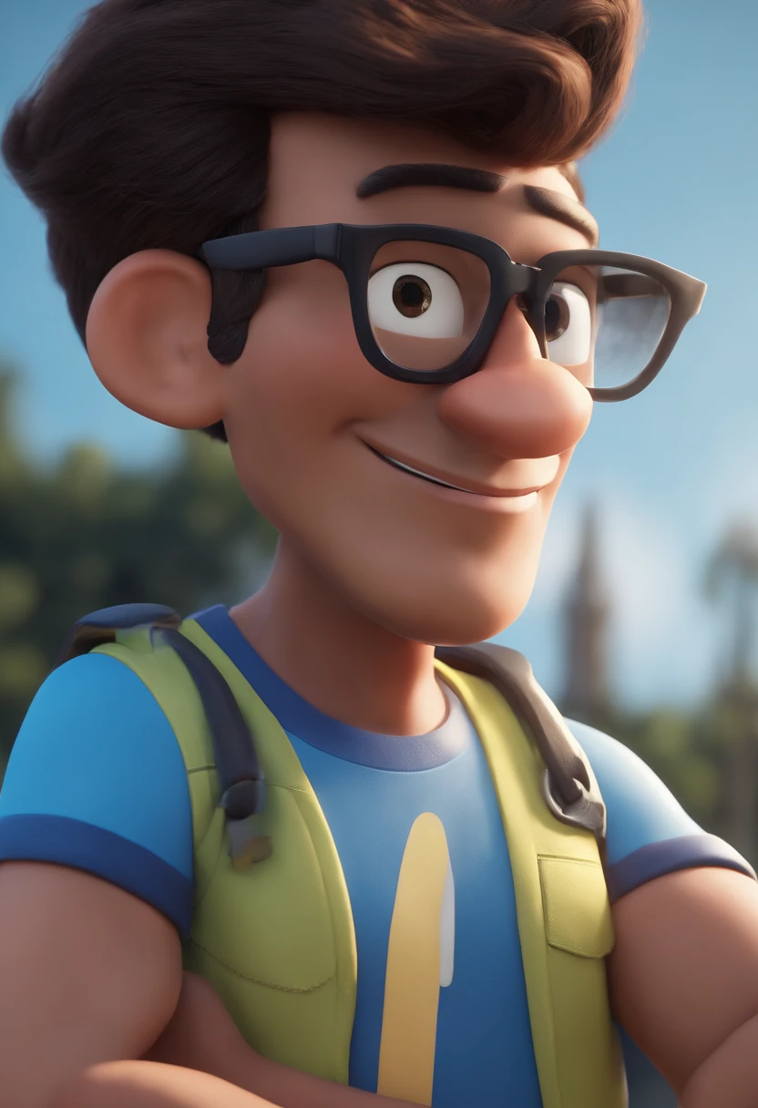 Cartoon character of a man with black glasses and a blue shirt, animation character, Caractere estilizado, animation style rendering, 3D estilizado, Arnold Maya render, 3 d render stylized, toon render keyshot, Personagem 3D, Personagem 3D, 3d rendering stylized, 3 d character render, personagem de desenho animado, Personagem de close up, Pose de personagem,  (Estilo Pixar) (master part:1.2) (Bokeh) (best quality) (pele detalhada) (textura detalhada) (8k) (argila) (Cinematic lighting) (foco nítido