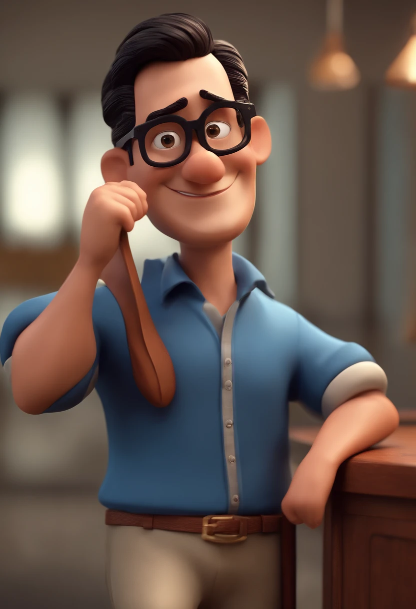 Cartoon character of a man with black glasses and a blue shirt, animation character, Caractere estilizado, animation style rendering, 3D estilizado, Arnold Maya render, 3 d render stylized, toon render keyshot, Personagem 3D, Personagem 3D, 3d rendering stylized, 3 d character render, personagem de desenho animado, Personagem de close up, Pose de personagem, (Estilo Pixar) (master part:1.2) (Bokeh) (best quality) (pele detalhada) (textura detalhada) (8k) (argila) (Cinematic lighting) (foco nítido