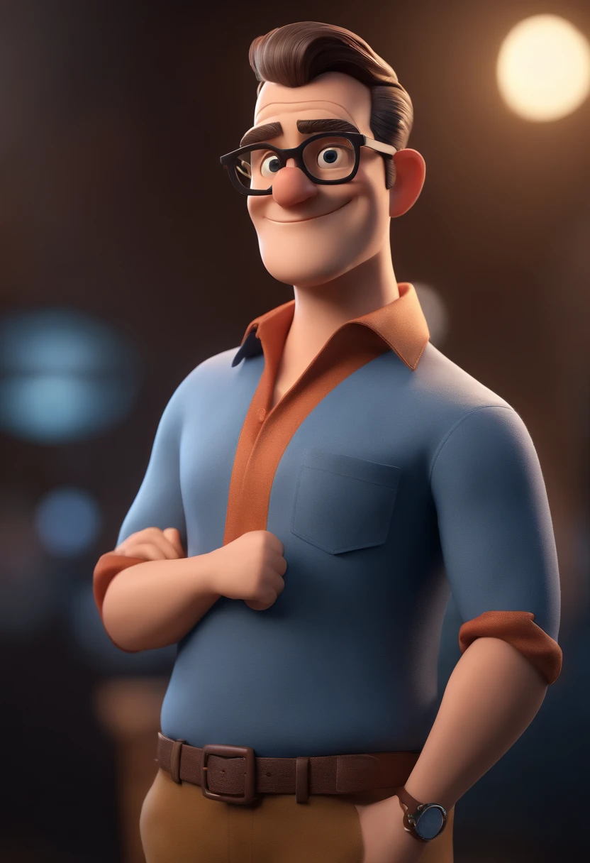 Cartoon character of a man with black glasses and a blue shirt, animation character, Caractere estilizado, animation style rendering, 3D estilizado, Arnold Maya render, 3 d render stylized, toon render keyshot, Personagem 3D, Personagem 3D, 3d rendering stylized, 3 d character render, personagem de desenho animado, Personagem de close up, Pose de personagem, (Estilo Pixar) (master part:1.2) (Bokeh) (best quality) (pele detalhada) (textura detalhada) (8k) (argila) (Cinematic lighting) (foco nítido
