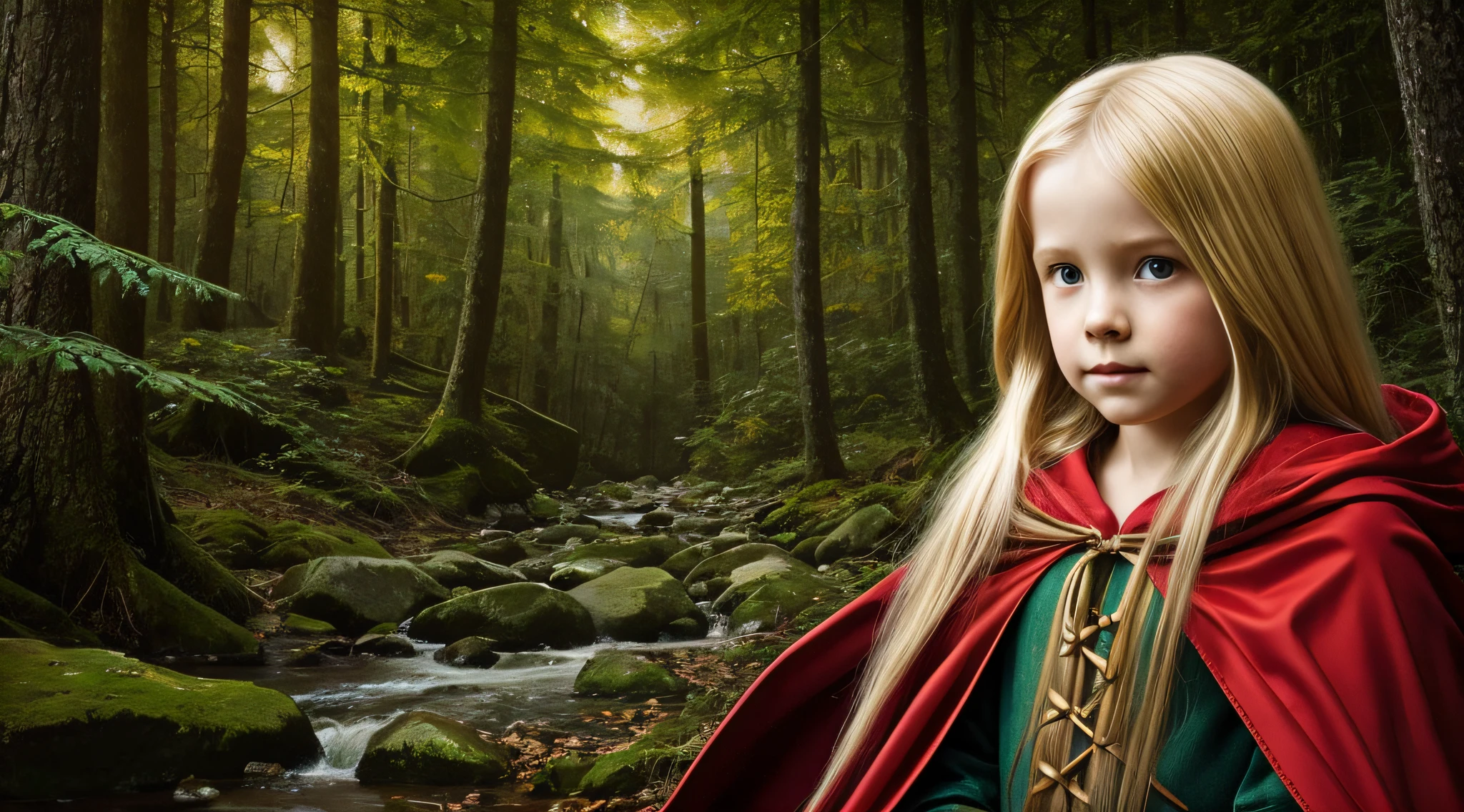 The Blonde Child Long Hair of the Red Cloak, close up, com o Lobo na Floresta Escura, pintura digital detalhada, uma pintura fotorrealista, fotografia de arte