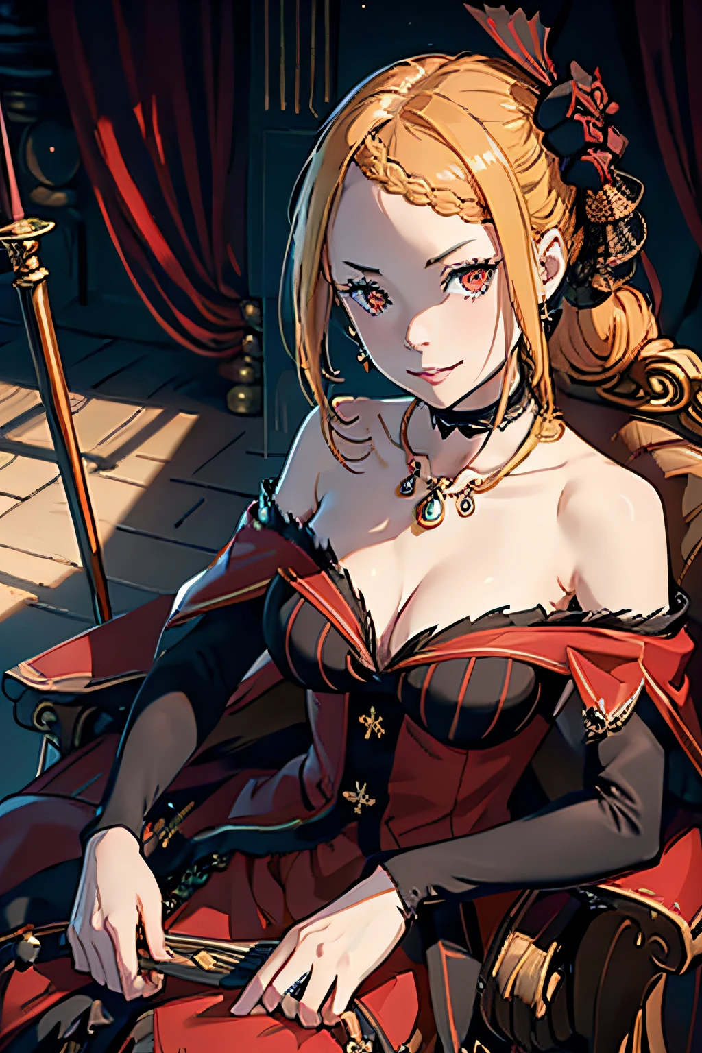 beautiful, masterpiece, best quality, extremely detailed face, perfect lighting, 1girl, hmpris, long hair, braided bangs, low ponytail, hair ornament, choker, collarbone, necklace, cleavage, bare shoulders, red dress, detached sleeves, black sleeves, throne room background, seductive smile, teeth visible when smiling, full body, right hand holding red fan,