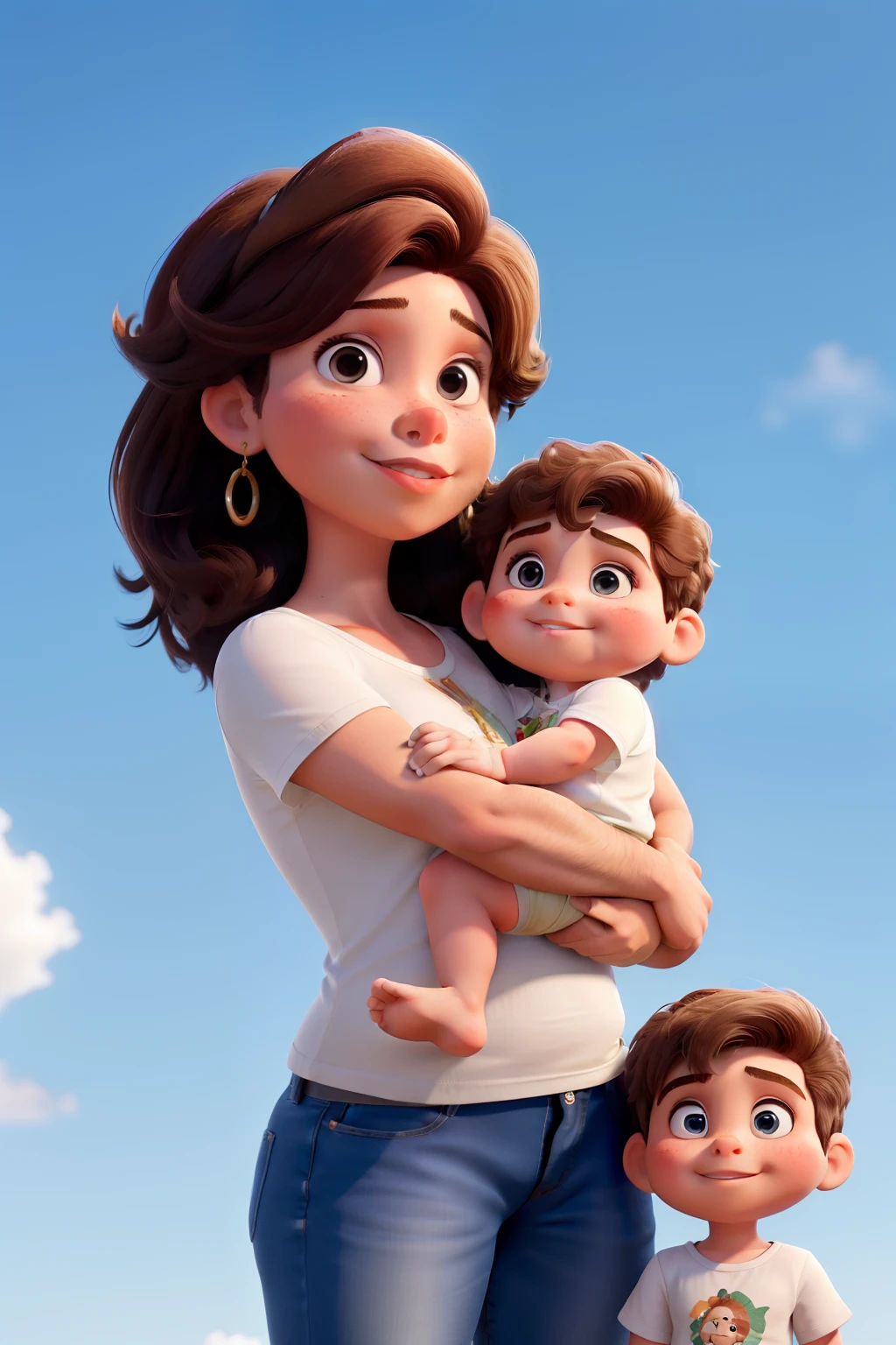 Mulher morena de cabelo longo, um menino magro branco, A chubby white baby and a tall white man.