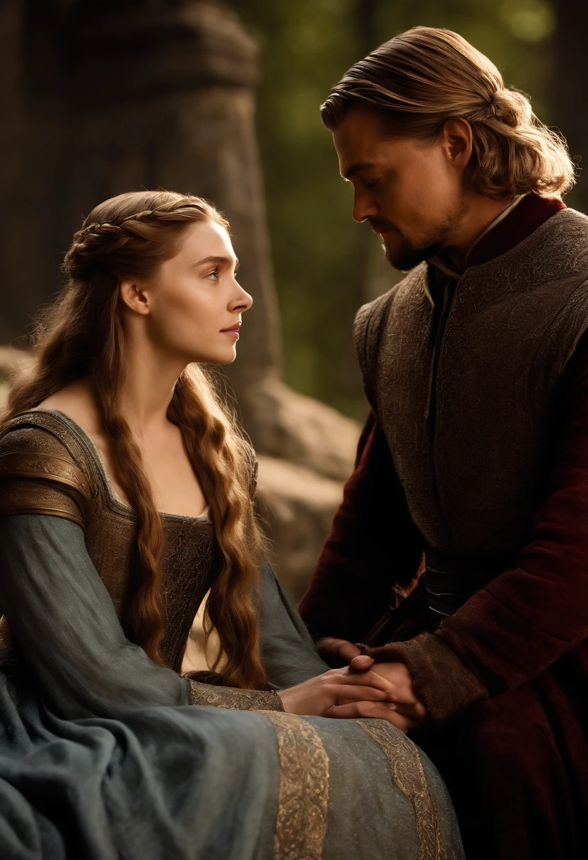  Leonardo DiCaprio and 20 years old Elizabeth Olsen as a couple, medieval clothes, game of thrones style, ultra realistic, high definition