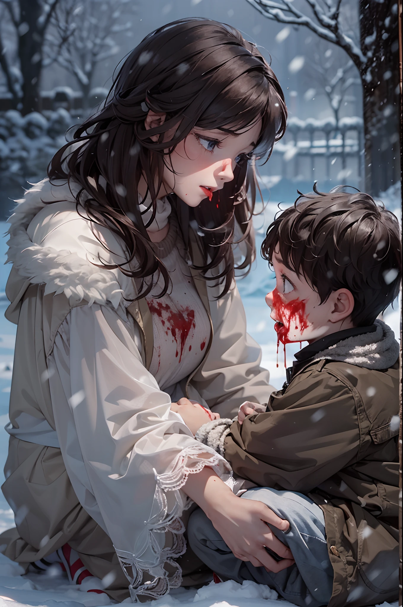 A young girl, in a thin white dress standing over a young boy who’s sitting down, kneeling on the ground in the snow, with winter clothes on. It's night time and the ground is covered with snow and it's snowing. The young girl is reaching one of her hands down to him and in that hand is a human heart dripping blood. She also has blood dripping from the corner of her mouth. The young boy looks up at her with wonder.