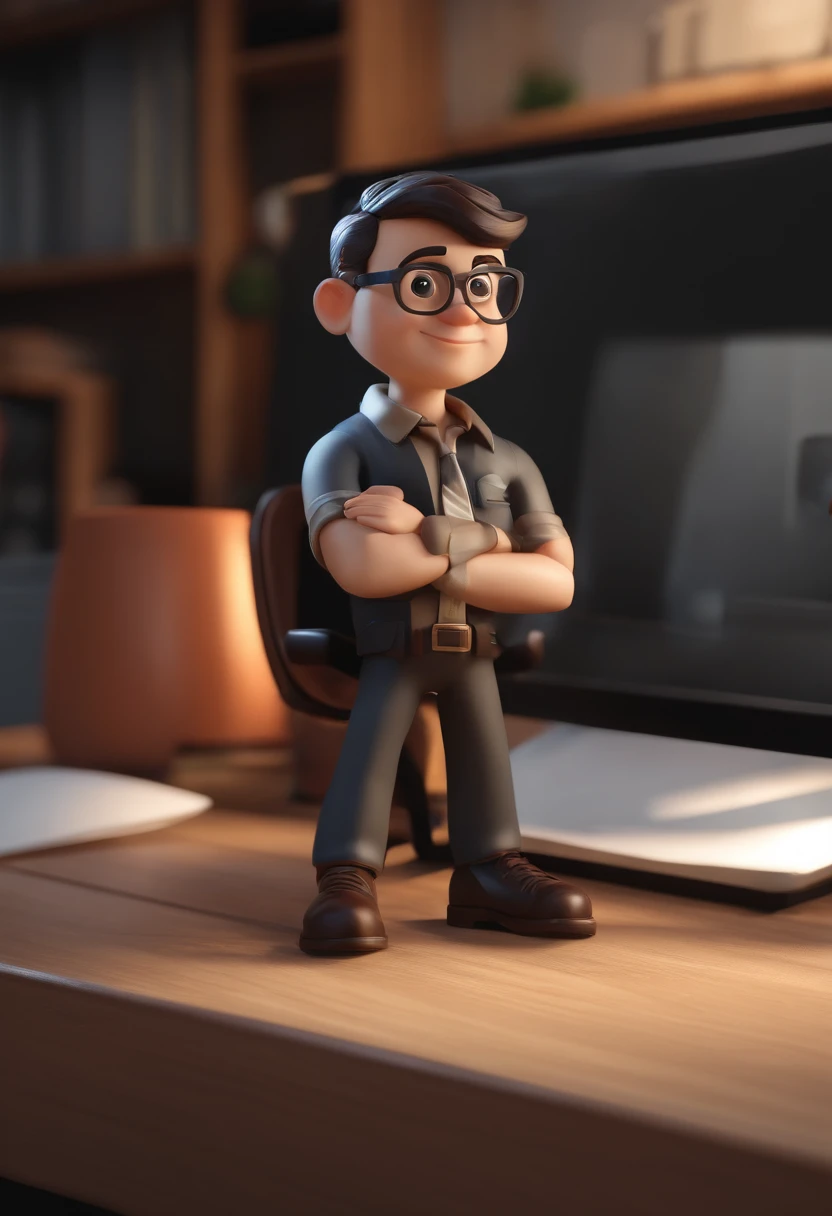 Personagem de desenho animado de um jovem homem, com uma camisa preta, on an office desk, um personagem animado, Caractere estilizado, animation style rendering, 3D estilizado, Arnold Maya render, 3 d render stylized, toon render keyshot, Personagem 3D, Personagem 3D, 3d rendering stylized, 3 d character render, personagem de desenho animado, Personagem de close up, Pose de personagem, (Estilo Pixar) (master part:1.2) (Bokeh) (best quality) (pele detalhada) (textura detalhada) (8k) (argila) (Cinematic lighting) (foco nítido,Senta e vaza a parte superior do corpo