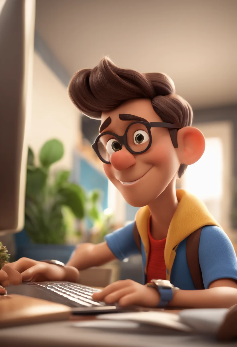 Personagem de desenho animado de um jovem homem, com uma camisa preta, on an office desk, um personagem animado, Caractere estilizado, animation style rendering, 3D estilizado, Arnold Maya render, 3 d render stylized, toon render keyshot, Personagem 3D, Personagem 3D, 3d rendering stylized, 3 d character render, personagem de desenho animado, Personagem de close up, Pose de personagem, (Estilo Pixar) (master part:1.2) (Bokeh) (best quality) (pele detalhada) (textura detalhada) (8k) (argila) (Cinematic lighting) (foco nítido，Senta e vaza a parte superior do corpo