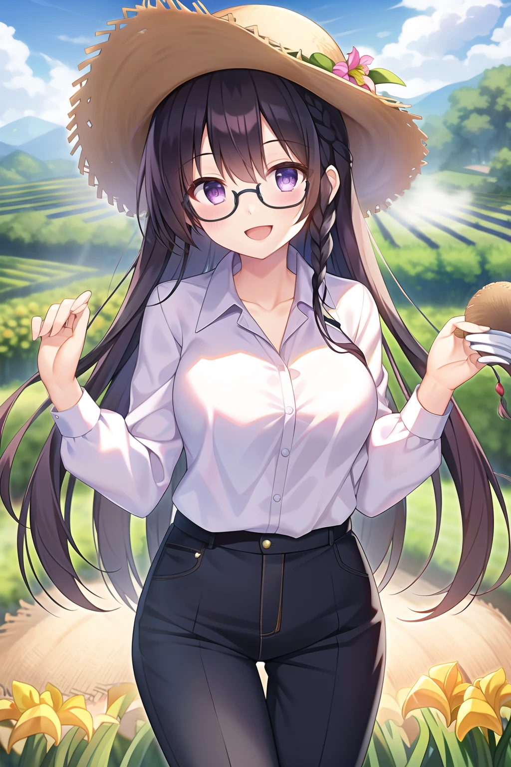 (tea plantation:1.1), (harvest), (1girl), (solo), (black hair:1.1), (braid), (glasses), (purple eyes), (:d), (Intricate Iris Details), (straw hat), (Work clothes), (Long sleeves), (long pants), (cowboy shot)