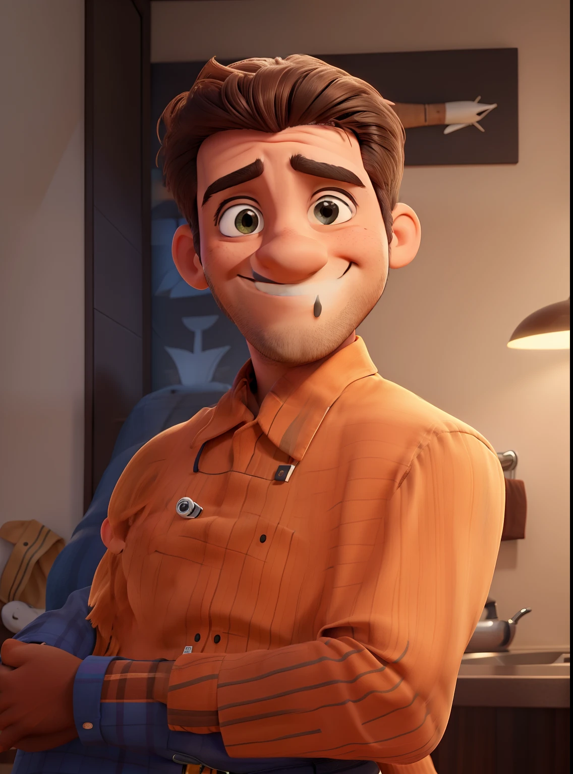 Will sorrindo timidamente com camisa xadrez e paredes e teto ao fundo