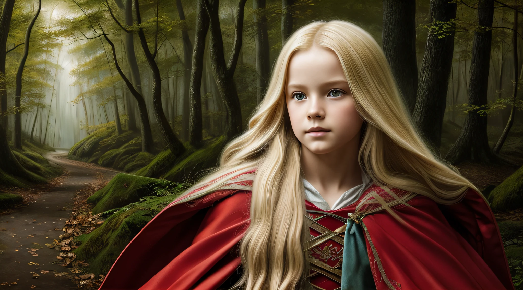 The Blonde Child Long Hair of the Red Cloak, close up, com o Lobo na Floresta Escura, pintura digital detalhada, uma pintura fotorrealista, fotografia de arte