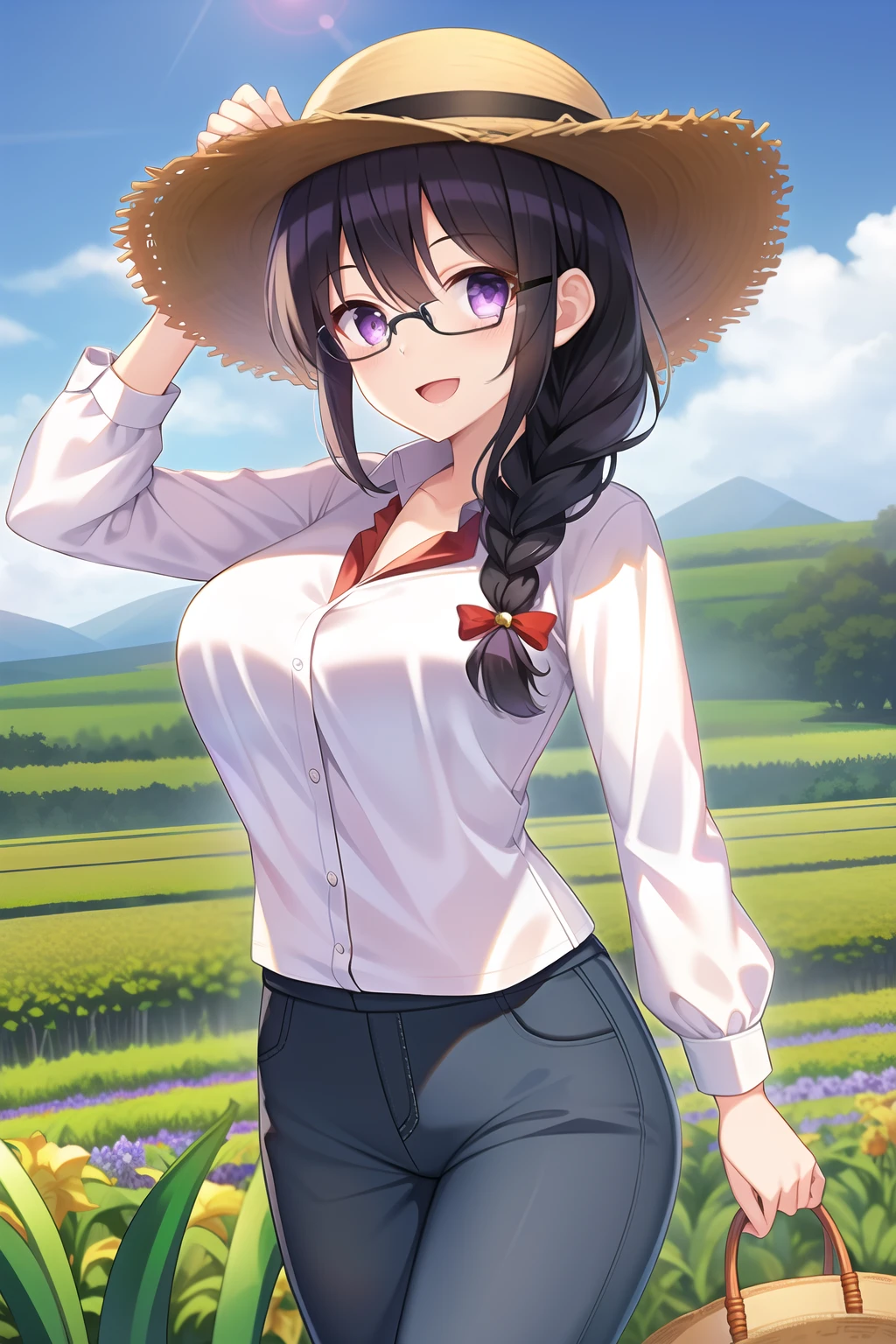 (tea plantation:1.1), (harvest), (1girl), (solo), (black hair:1.1), (braid), (glasses), (purple eyes), (:d), (Intricate Iris Details), (straw hat), (Work clothes), (Long sleeves), (long pants), (cowboy shot)