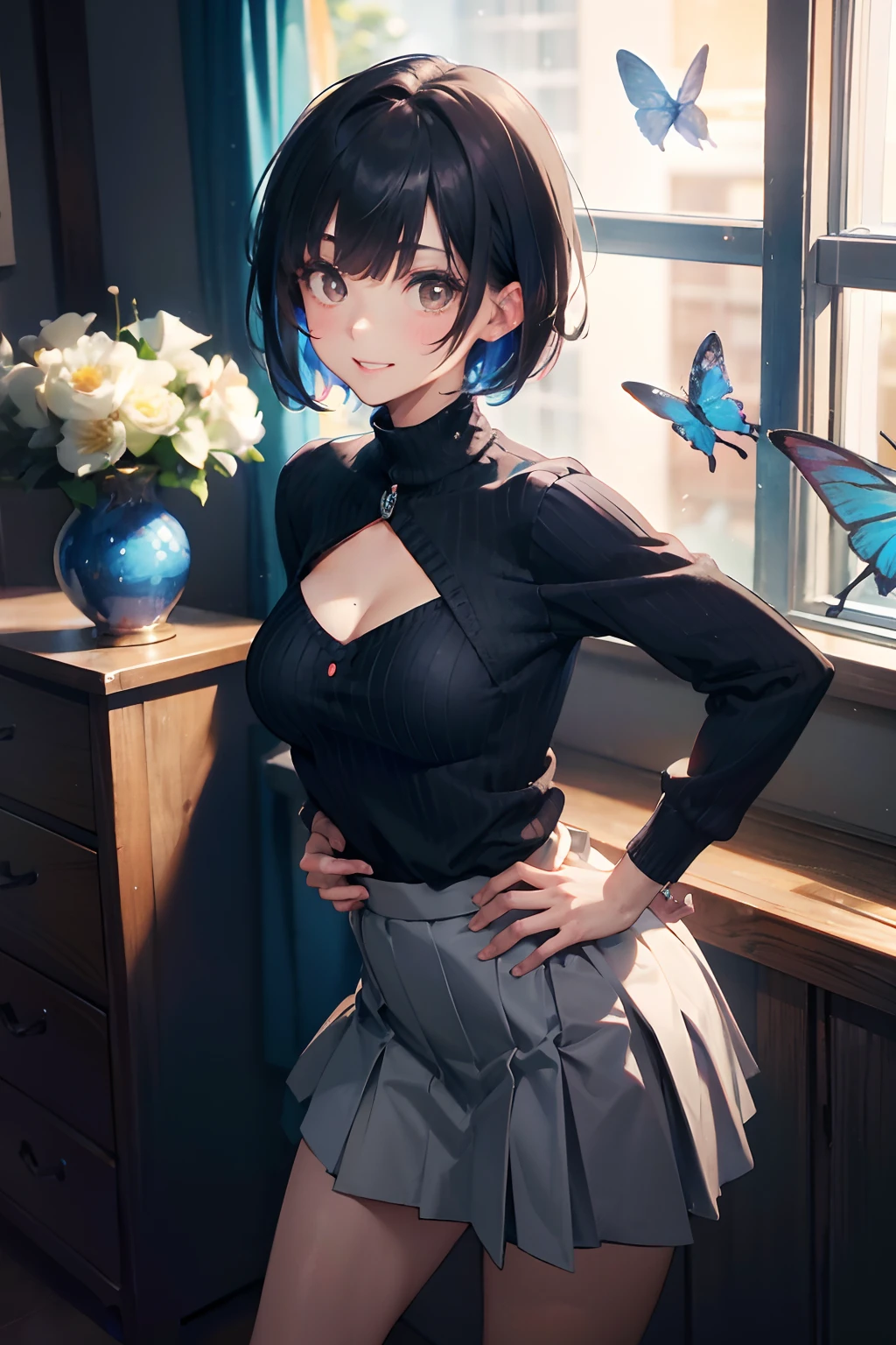 a 20 yo woman、Black blue Hair、Bery short hair、Big smile、(hi-top fade:1.3)、dark themed、Muted Tones、Subdued Color、highly contrast、(natural skin textures、Hyper-Realism、Soft light、sharp)、masutepiece, Best Quality, hight resolution, KR1, Brown eyes, Blunt bangs, kibito high school uniform, Skirt, Sweaters, Pleated skirt, sox, Small breasts, Leaning forward, put hands on the hip, cleavage of the breast、Clothing that exposes the chest、(hi-top fade:1.3)、Tattoo of flowers and butterflies on the chest、