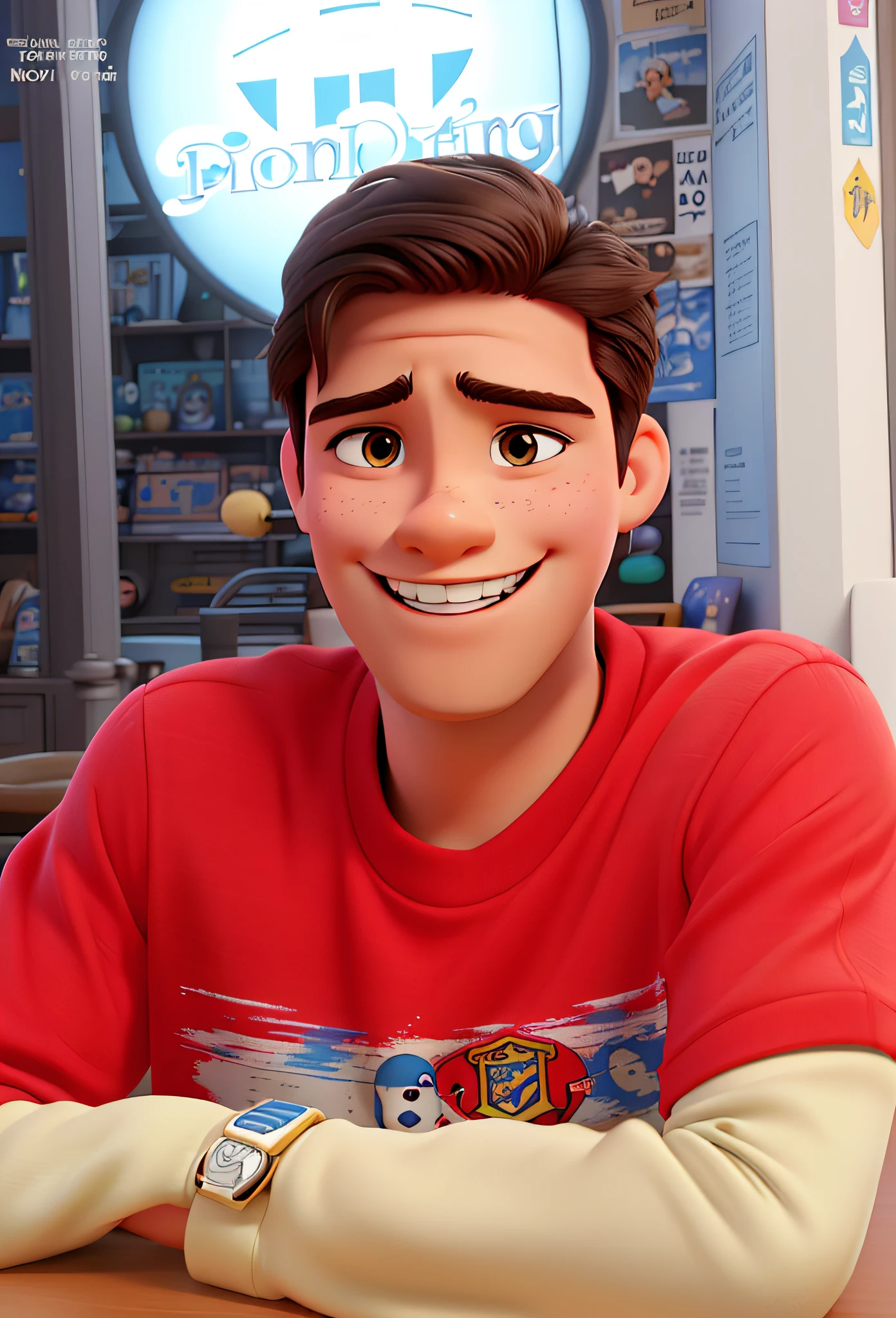poster of handsome boy, smiling, straight hair, disney pixar cartoon style
