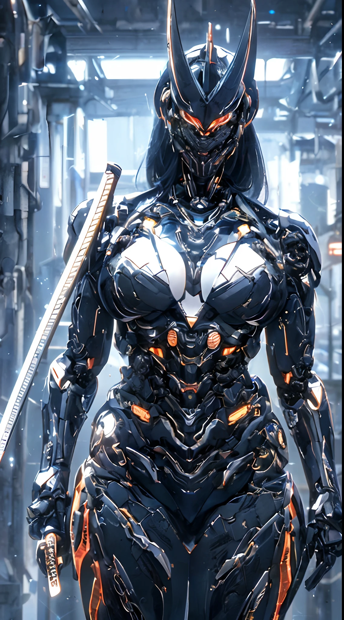 Super realistic, highly realistic, super detailed, (cybersamurai, long hair, blue eyes, black hair, super big breasts, cleavage, wide thighs, horns, armor, clothing pieces, masks, blurred background, science fiction, mouth masks , cyborg, cyberpunk, katana on back, katana handle sticking out on back: 1.3) (simple black background shines: 1.25), masterpiece, best quality, wide angle Hyperdetail, masterpiece, best quality, 8k, natural lighting, soft lighting, rays sun, HDR (High Dynamic Range), Maximum Clarity and Sharpness, Multi-layered Textures