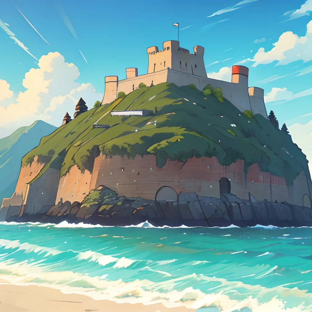 Massive coastal fortress, mountain background,