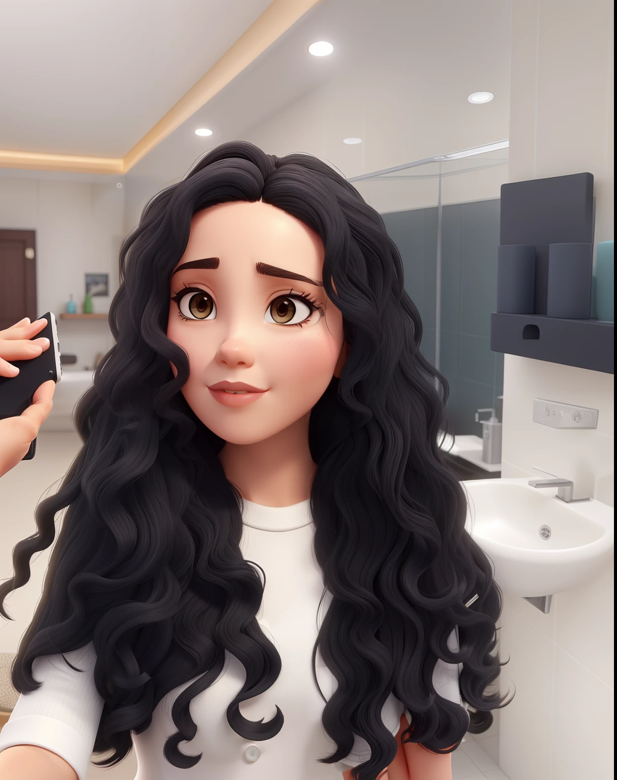 there is a woman taking a selfie in a bathroom mirror, longos cabelos cacheados pretos selvagens, longos cabelos cacheados pretos, preto longo cabelo encaracolado longo, com cacheado longo, cabelo encaracolado preto, com longos cabelos cacheados, cabelos longos e cacheados, longos cabelos negros encaracolados, cabelos negros cacheados, cabelos cacheados, longos cabelos cacheados escuros, her black hair is a long curly, curly hair