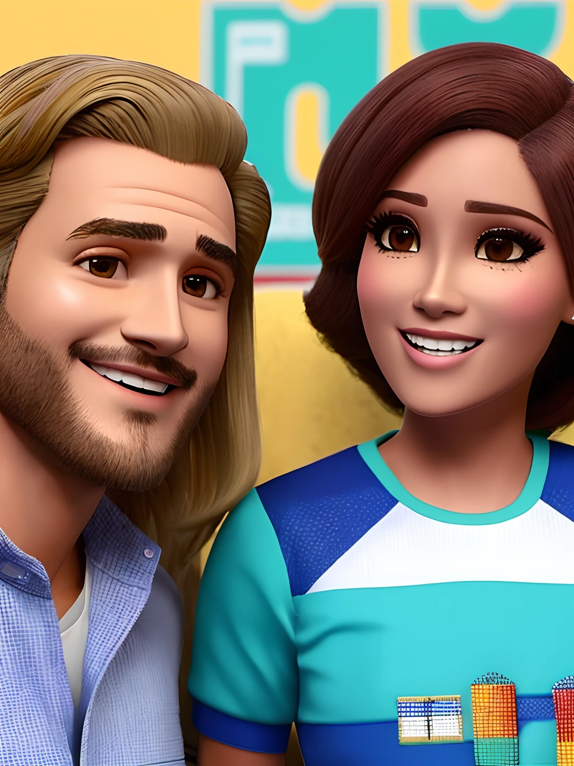 Um casal apaixonado sorrindo.Ela com cabelo loiro comprido pele clara ele com cabelo grisalho pele morena.