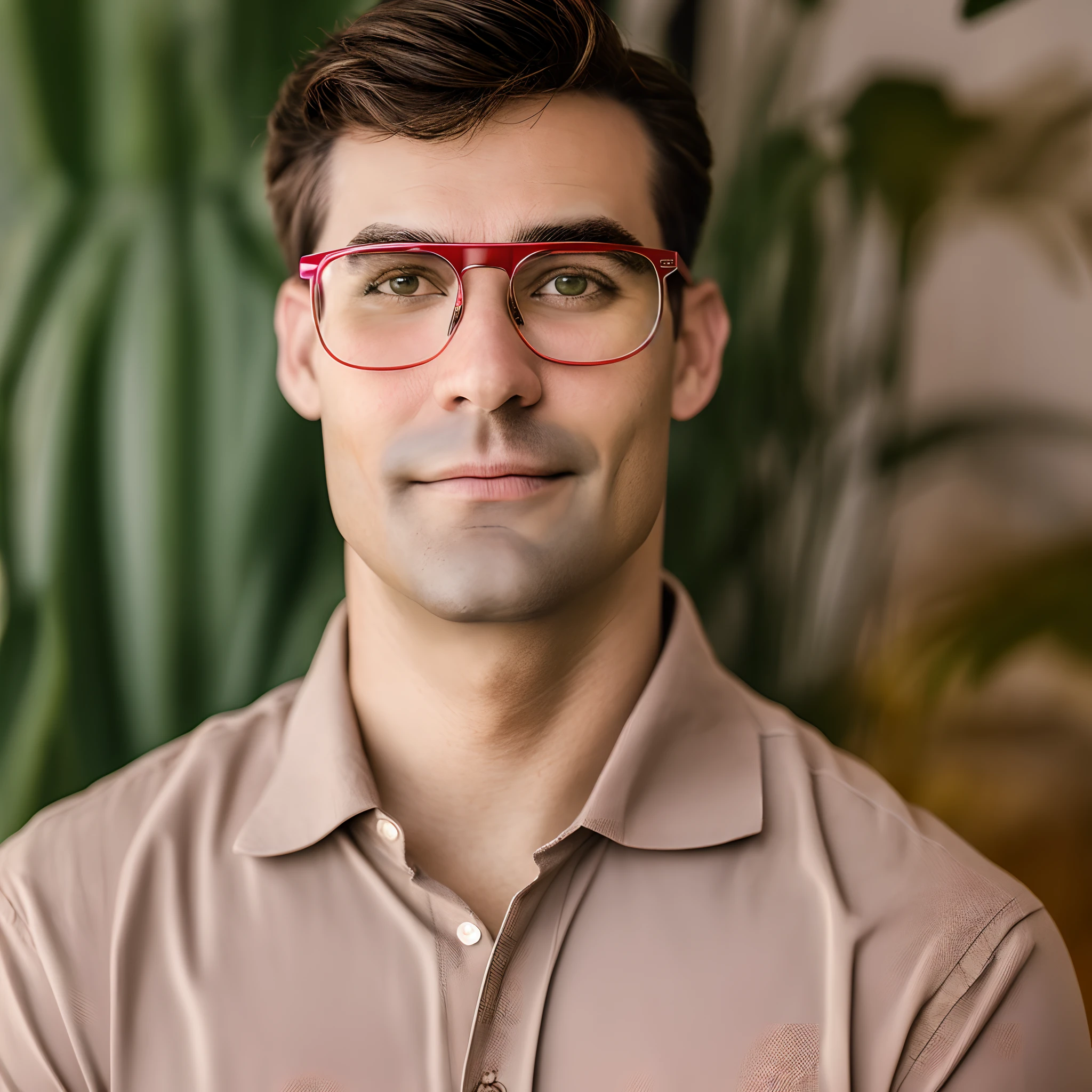 Personagem estilo pixar, baixo, meio careca, rosto oval, branco, olhos castanhos esverdeados, With eye Glasses, red Calvin Klein shirt and beige jeans