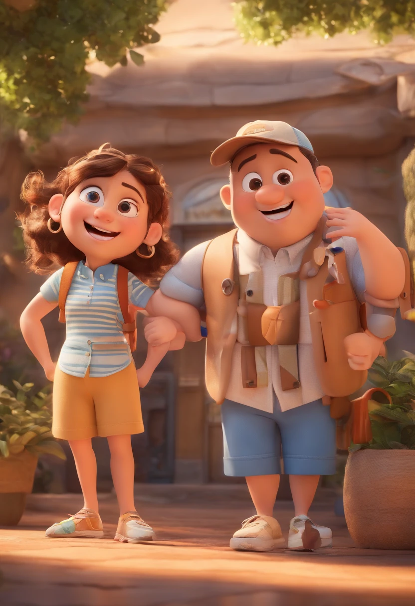 Cartoon of friends having fun on vacation together, 3D Animation Movie Poster, Poster de filme animado, pixar 3 d animation style, pixar renderman rendering, maia 8 mil, animated film, Disney Pixar Estilo 3D, amigos felizes saem juntos, all wearing light blue shirts and cream brown long pants, camisa azul clara, cream brown pants, ao ar livre, vacation, Disney Pixar Animation Poster