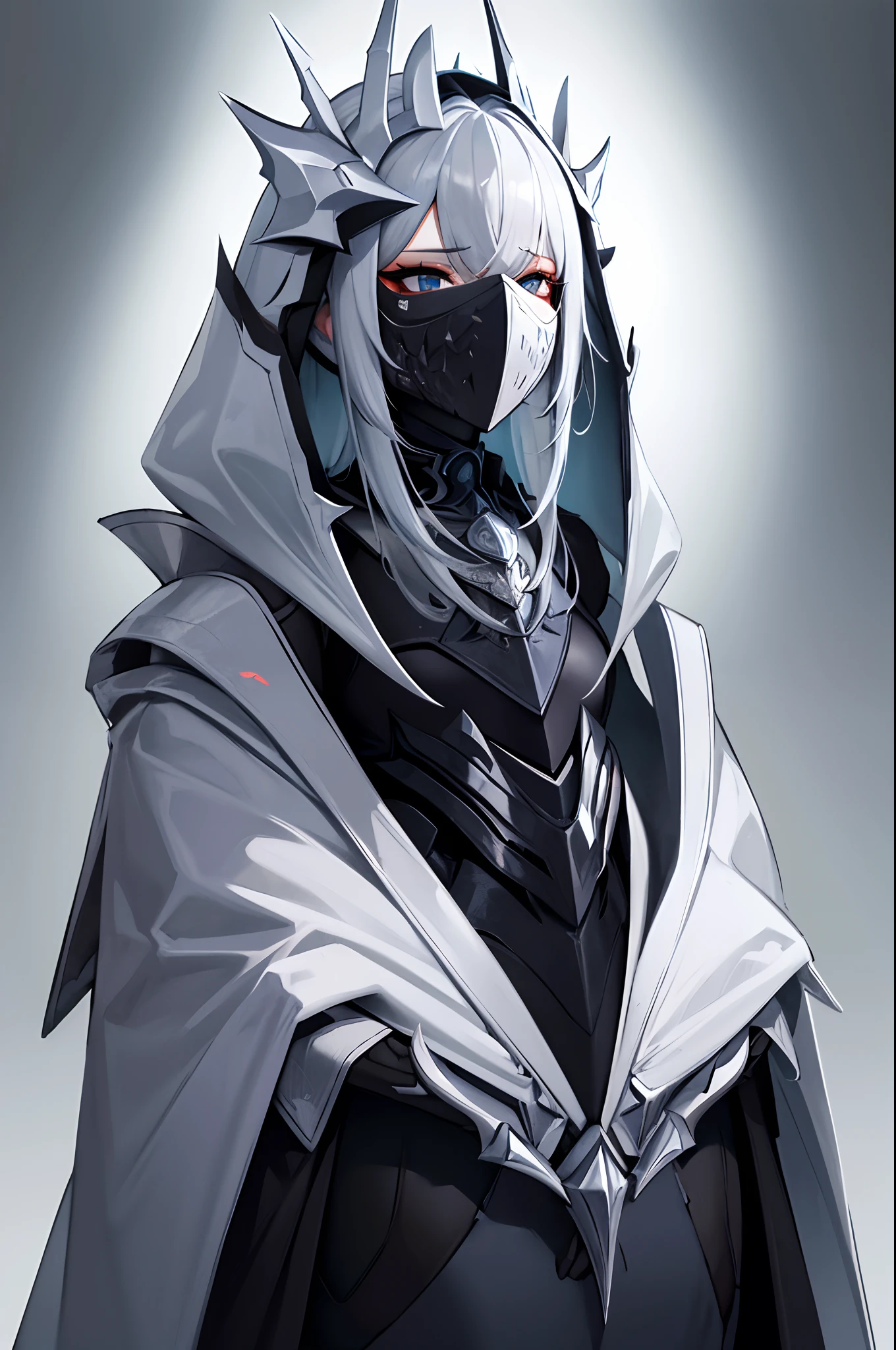 Woman in silver armor isolated on black background。Wearing a mask to cover your face。Wearing a hood。well-styled。The skin is not visible。full bodyesbian。Silver。Black base。silber hair。Dragon-like armor