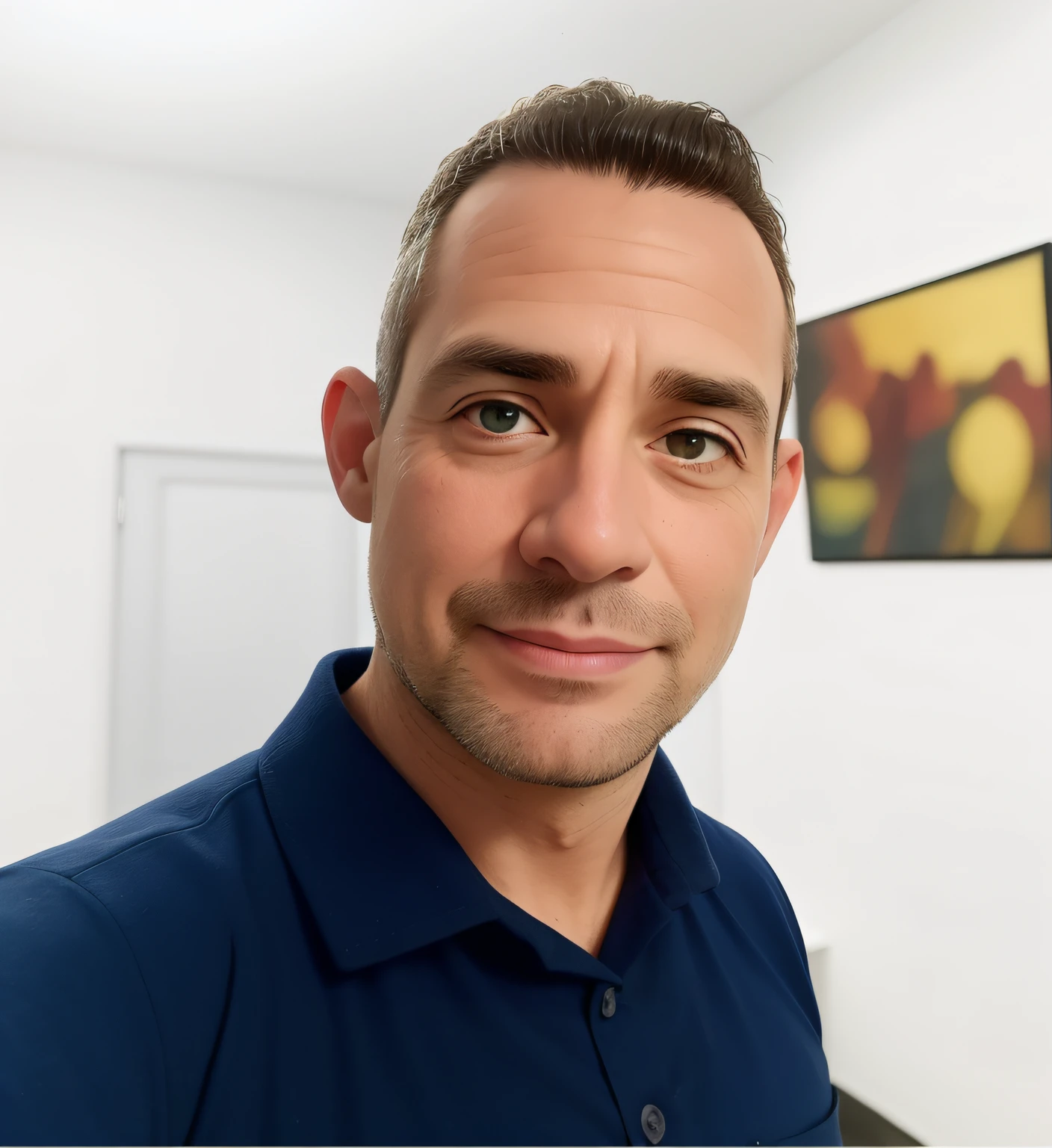 homem 49 anos, ohos castanhos claros, cabelo curto, vestindo camisa azul marinho